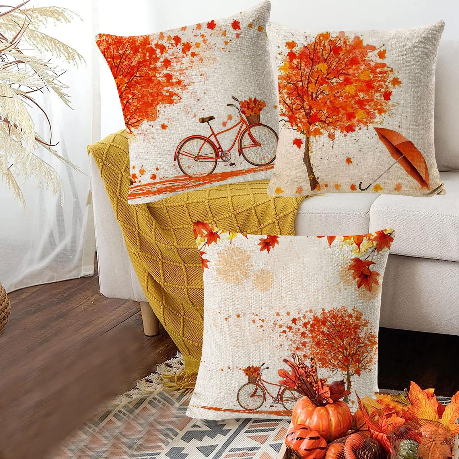 Federa Cuscino Autunnale 45x45 Cm Con Gatto E Foglie D'Acero | QIONG MENG, Lino Cotone, Decorazione Casa Per Divano E Camera Da Letto, Stampa Frontale