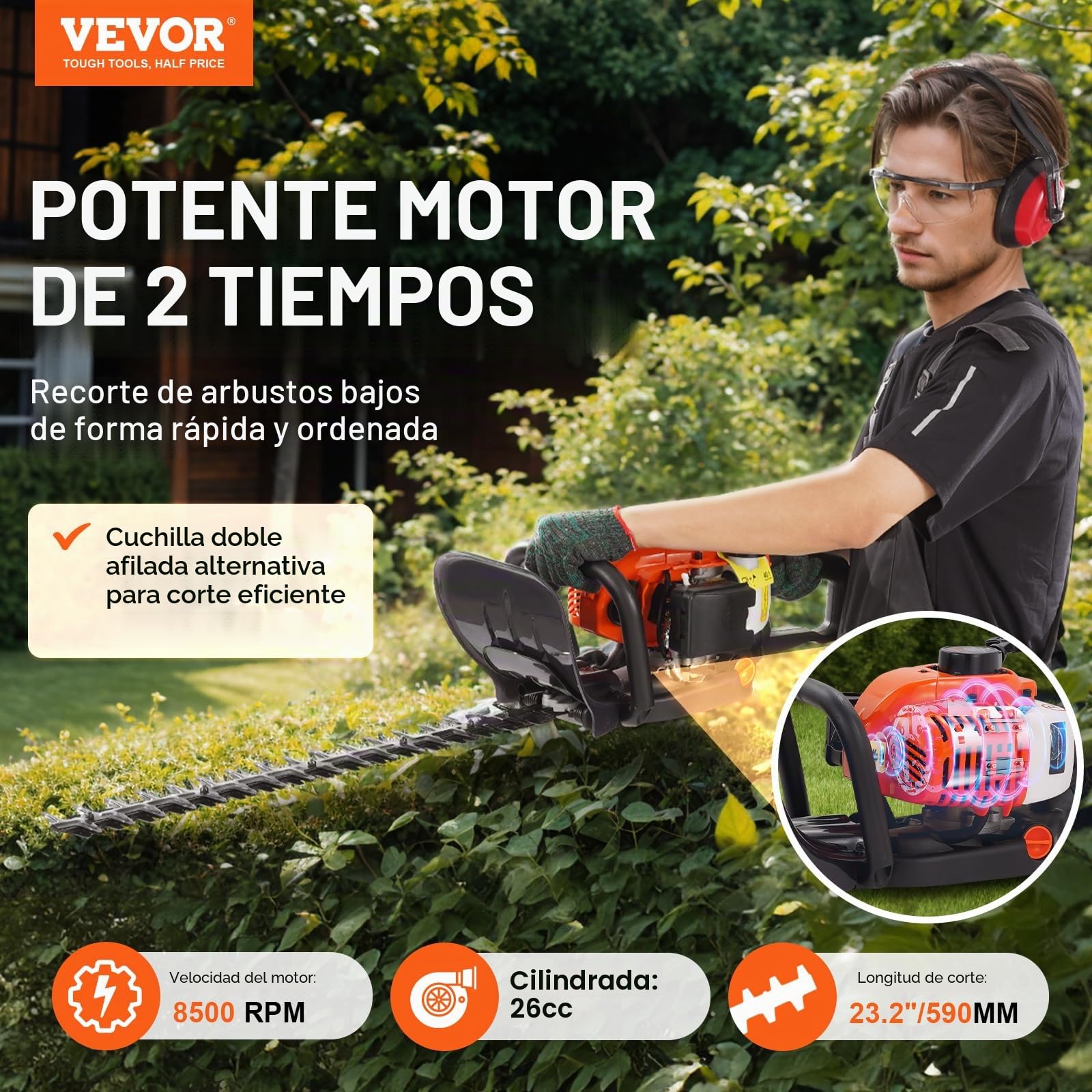 VEVOR Cortasetos de Gasolina Tanque de 0,54 L Cortasetos de Gasolina 26CC 2 Tiempos con Pértiga y Cuchilla Cabezal de Corte Ajustable a 180° Adecuado para Podar Arbustos Bajos, Ramas Bajas