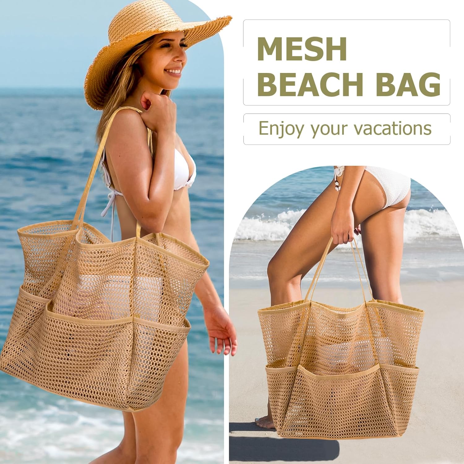 Iioscre Mesh Beach Bag for Women, Hobo Pool Bags with Wide Shoulder Straps & Zipper Inner Pocket, 23L Swim Bag for Vacation. - Image 4