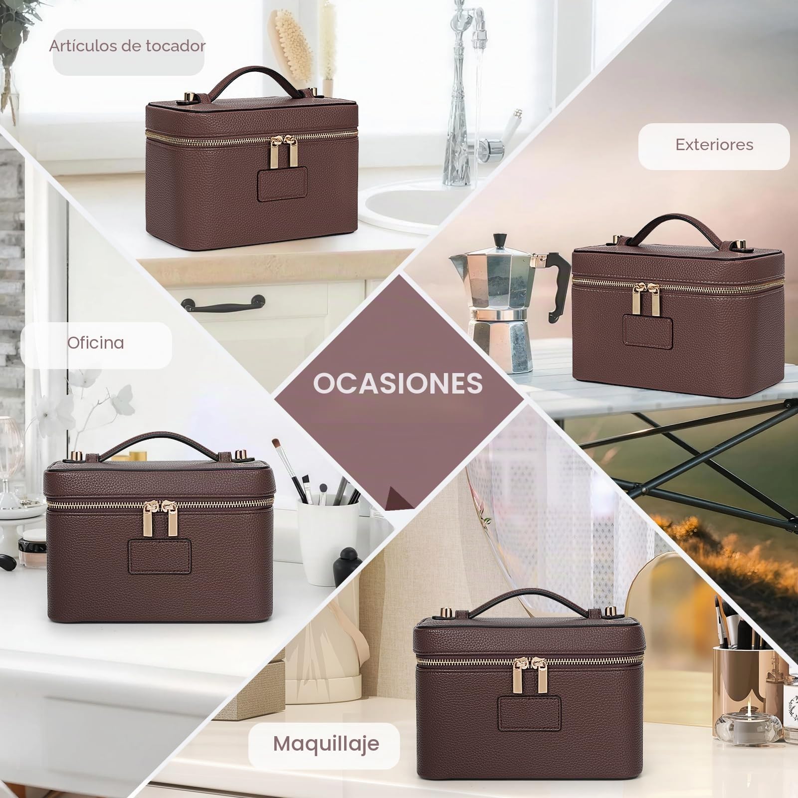 HiTotes Neceser de piel para mujer, neceser de viaje, organizador de maquillaje con divisor extraíble para uso diario, 01-café, 21.5cm, Neceser