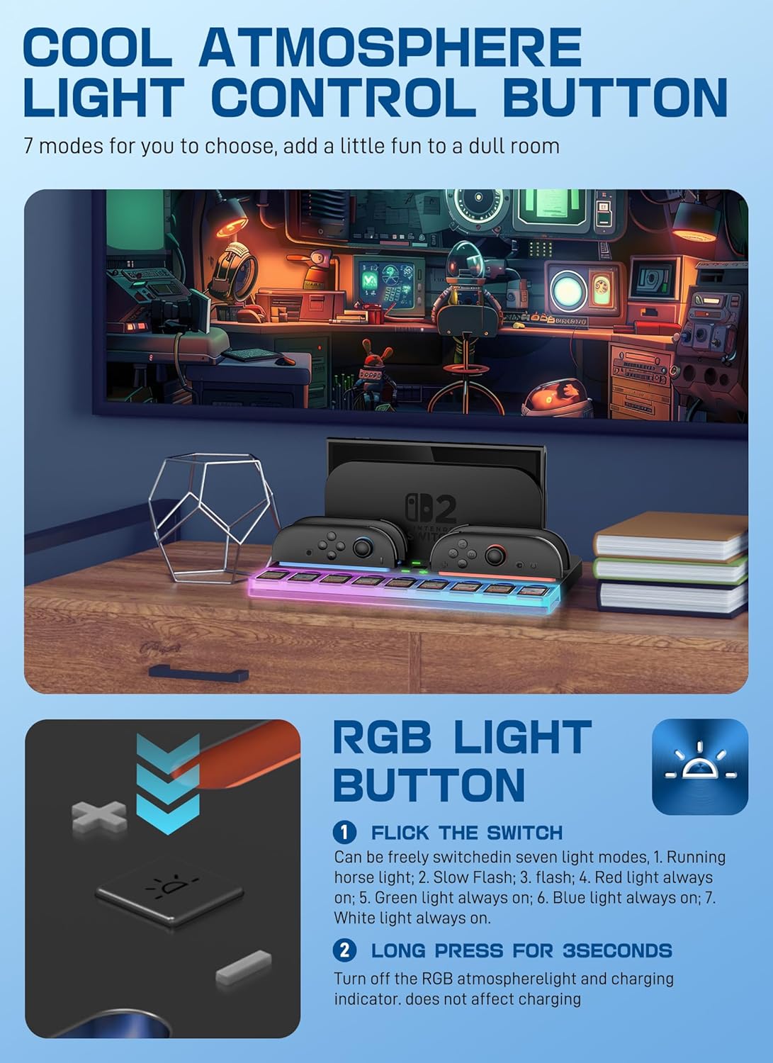 i-Blason Charging Dock Storage Base for Nintendo Switch 2 JoyCon Controllers [9 Game Card Slots] [Ambient Lighting] All-in-one Charging Station Storage Stand Organizer with USB Charging Cable - Image 4