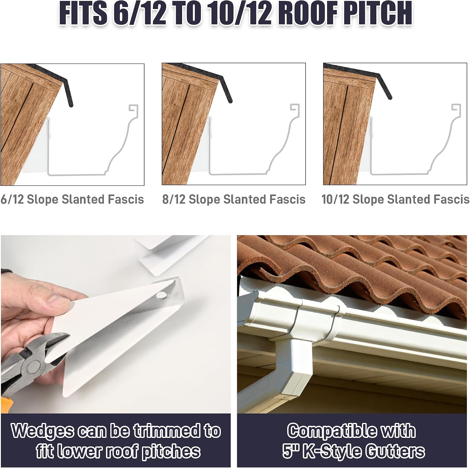 25Pcs Aluminum Gutter Wedges for 5" K-Style Gutters, Gutter Level Wedges Shims for Angled Fascia Fits 6/12 through 10/12 Roof Pitch, Pre-Drilled Rain Gutter Support Spacer Brackets for Slanted Fascia
