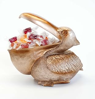 Pelican Shaped Candy Dish, Hand-Painted Resin Animal Figurine Bowl for Keys, Snacks, Coins, Desk Organizer and Home Decor (Champagne Gold)
