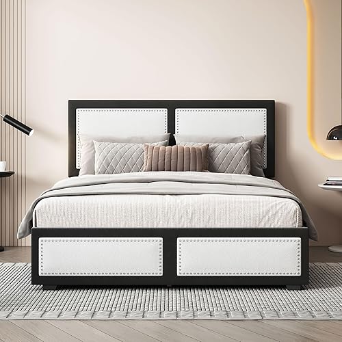 Miniatura 29 de Elegante cama con plataforma tapizada de terciopelo de tamaño Queen con cabecero, para niños, niñas y adolescentes (beige @cabecero/, Queen)