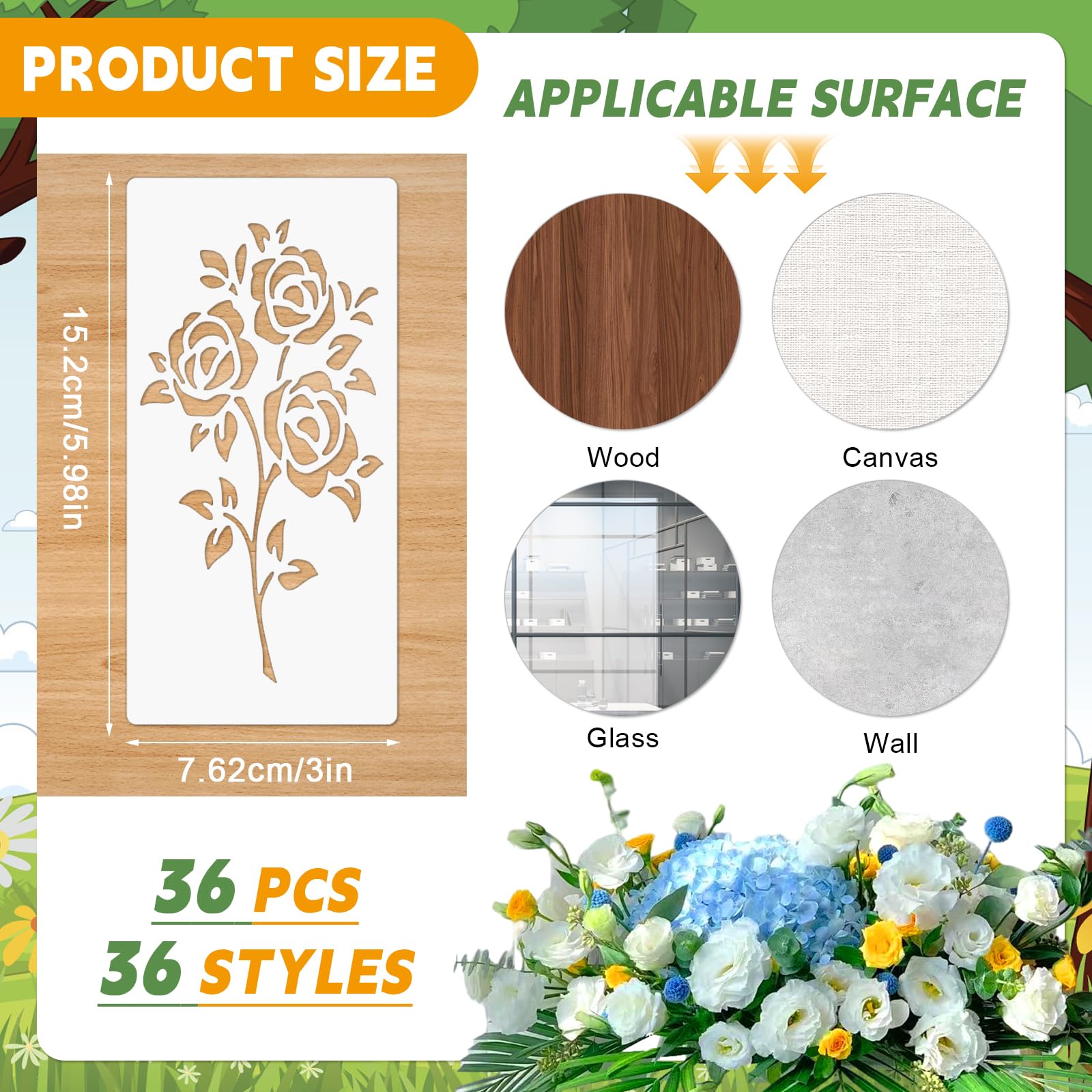 MWOOT 36 Pieces Flower Stencils for Painting,Botanical Stencils for Crafts,Wildflower Floral for Fabric Painting,Reusable Stencils for Wood Scrapbook Canvas DIY Decor (15x7.62 cm) - Image 3