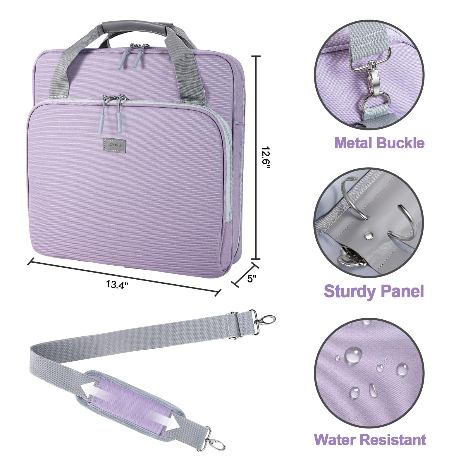 Raccoglitore con cerniera a D da 10,2 cm, con cinghia, capacità 800 fogli, organizer multitasche per scuola e ufficio, compatibile con MacBook da 13 pollici (design brevettato, viola)