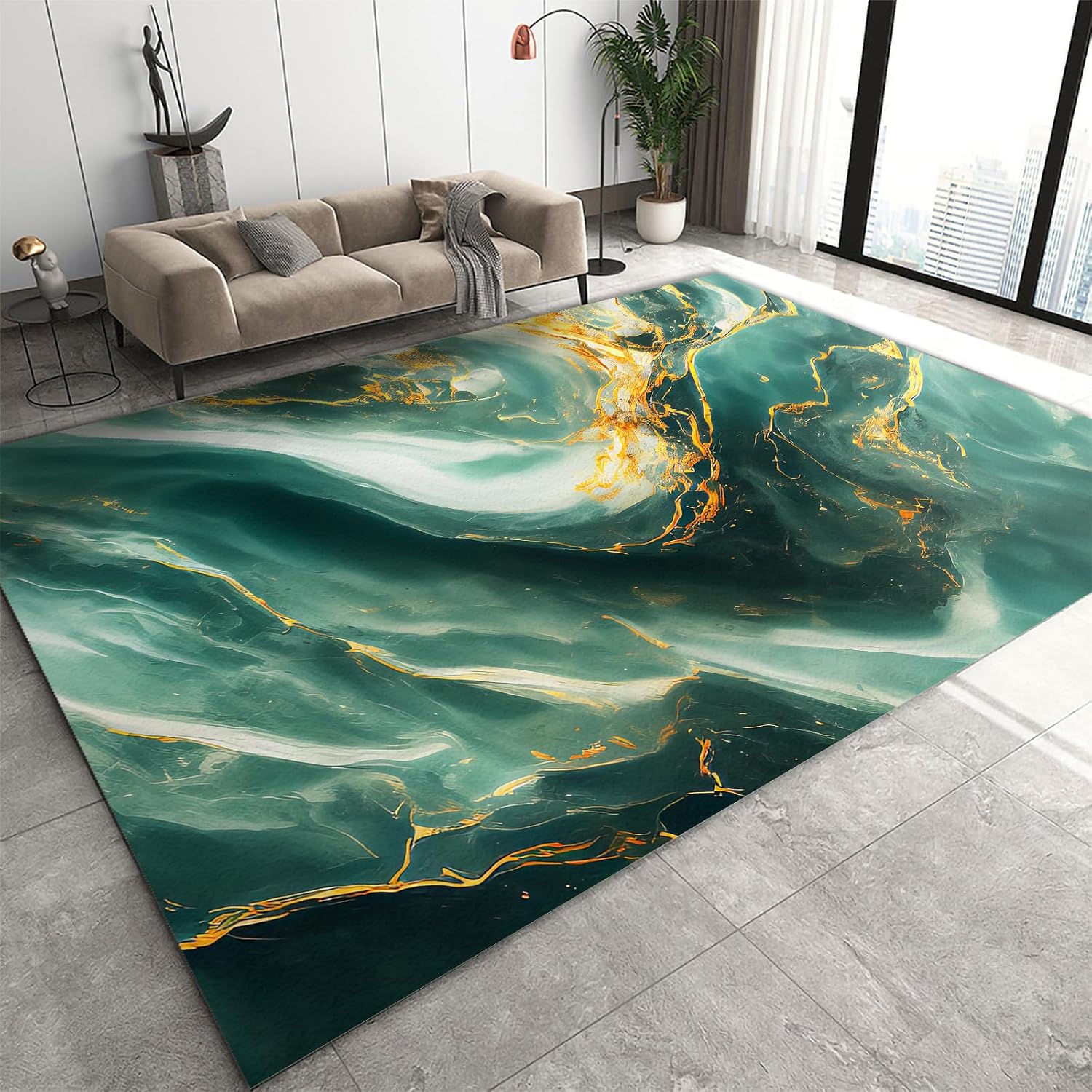 Green Gold Marble Area Rug, Abstract Fluid Art Pattern Soft