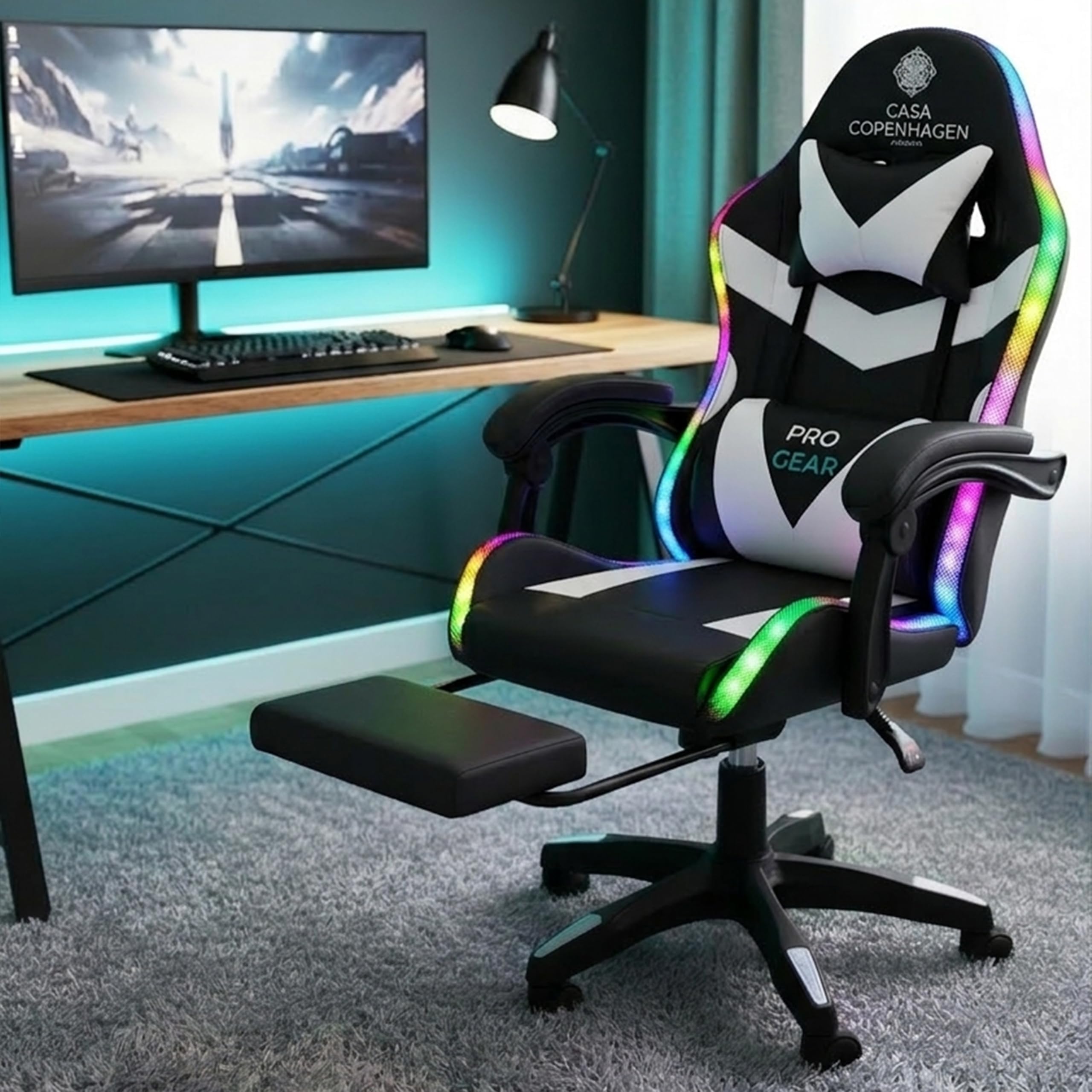 Casa Copenhagen ,High-Back Italian Leather Gaming Ergonomic Chair with Advanced Mechanism with LED Light & Electric Back Massager, Memory Foam Seating & Multi Function Arm-Rest - White & Black-image-10