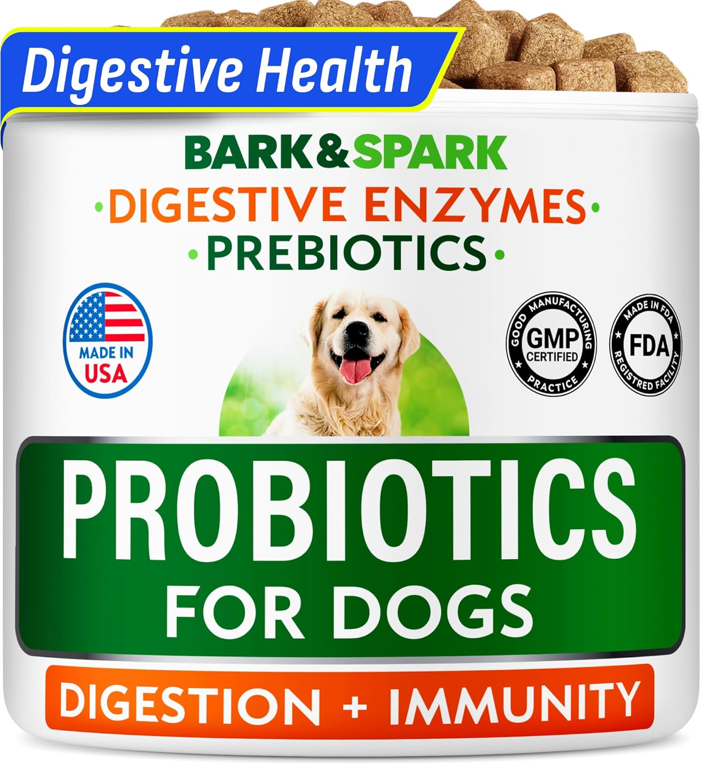 BARK&SPARK Dog Probiotics for Digestive Health & Enzymes – Diarrhea, Gas, Upset Stomach Relief & Season Allergy – Chews for Digestion – Pet Probiotics for Dogs (60Ct, Chicken)