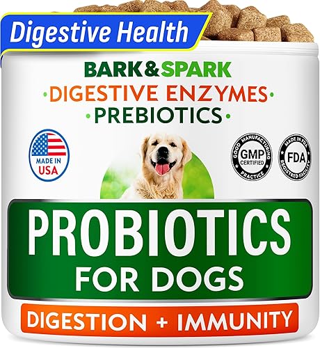 BARK&SPARK Probióticos para perros para la salud digestiva y enzimas – Diarrea, gases, alivio del malestar estomacal y alergias estacionales –