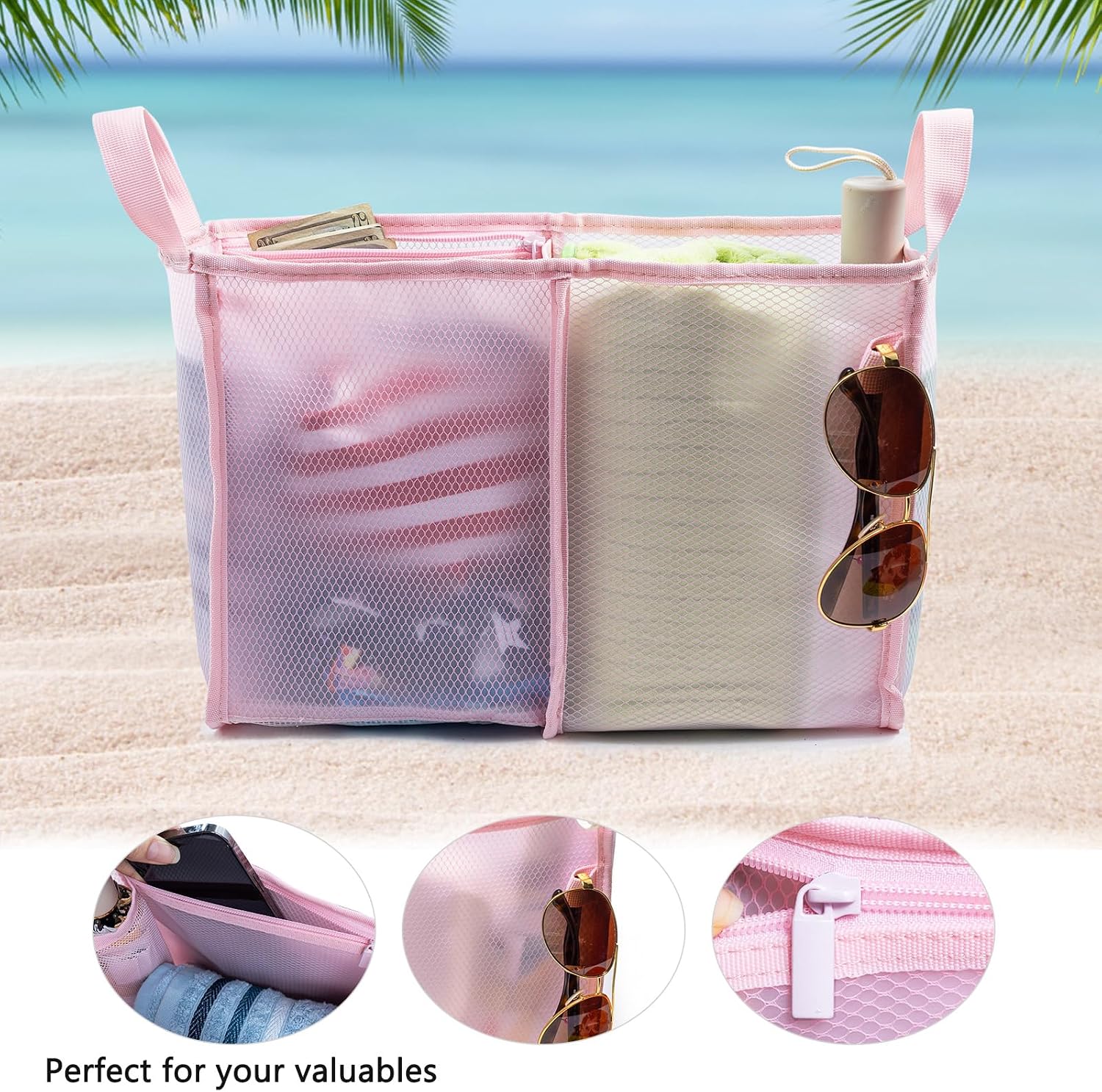 AMOIGEE Mesh Beach Bag Organizer Insert with 2 Accessories – Compatible with Bogg Bag XL | Bag Divider with Zipper Closure, Waterproof & Sandproof Compartments, Sunglasses Holder & Clips image 4