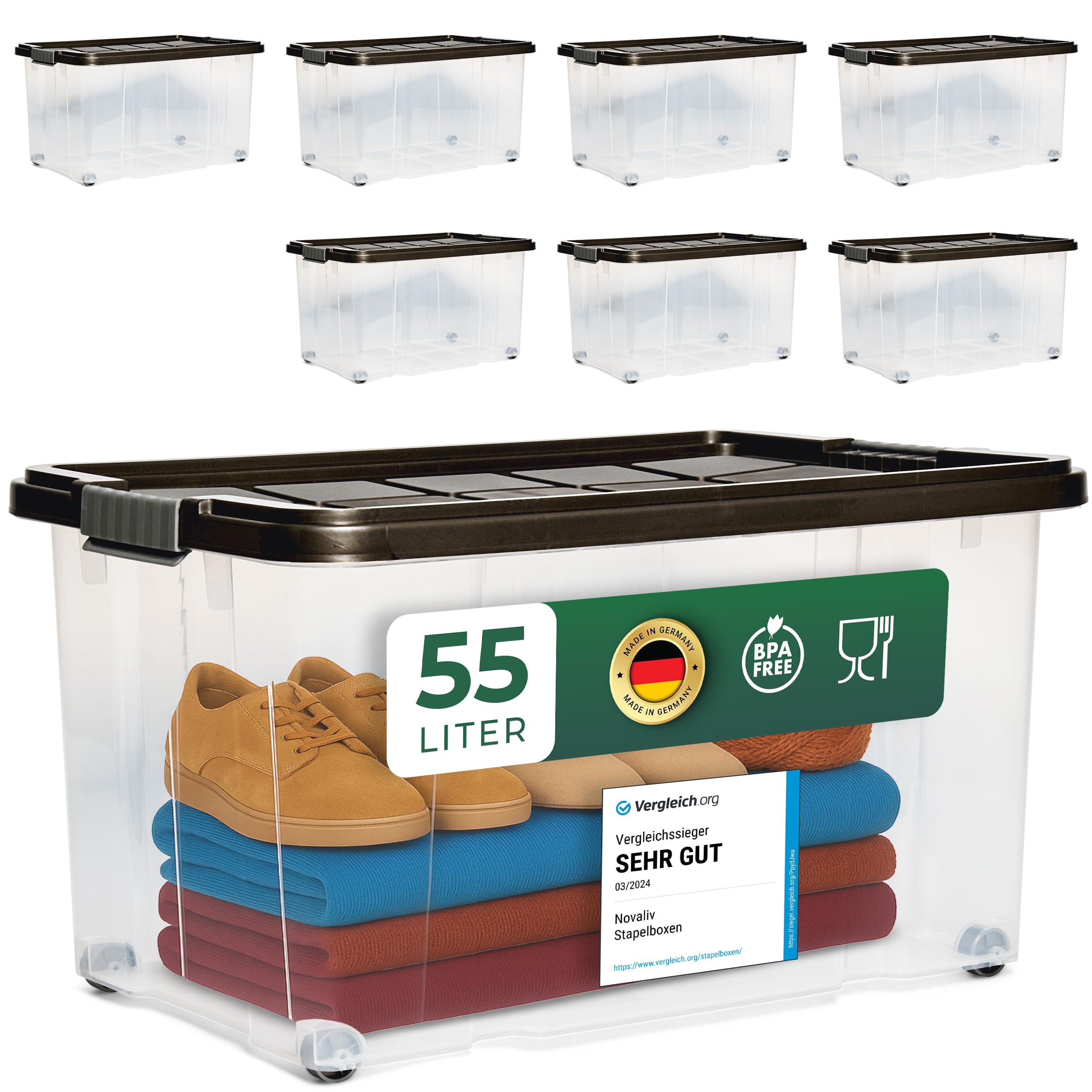 Novaliv 8 scatole portaoggetti con coperchio, grandi 55 l, colore antracite, impilabili, con chiusura a clip, in plastica, senza BPA, 61 x 40 x 32,5 cm