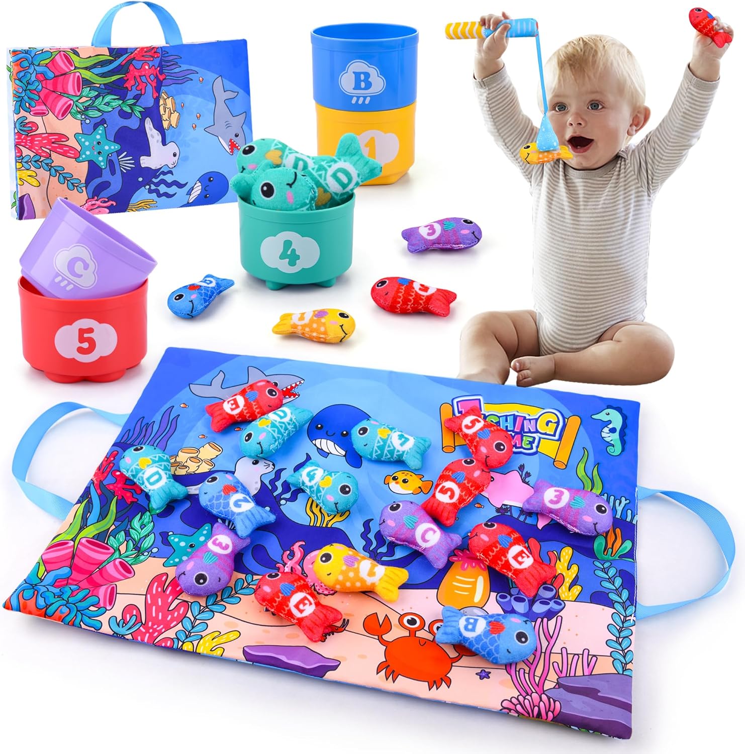 ARANEE Toddler Montessori Toys for 1 Year Old Boy & Girl, Fishing Game for Toddlers with Stacking Cups Number Counting, Color Sorting Shape Baby Learning Toys, Gifts for Girls Boys