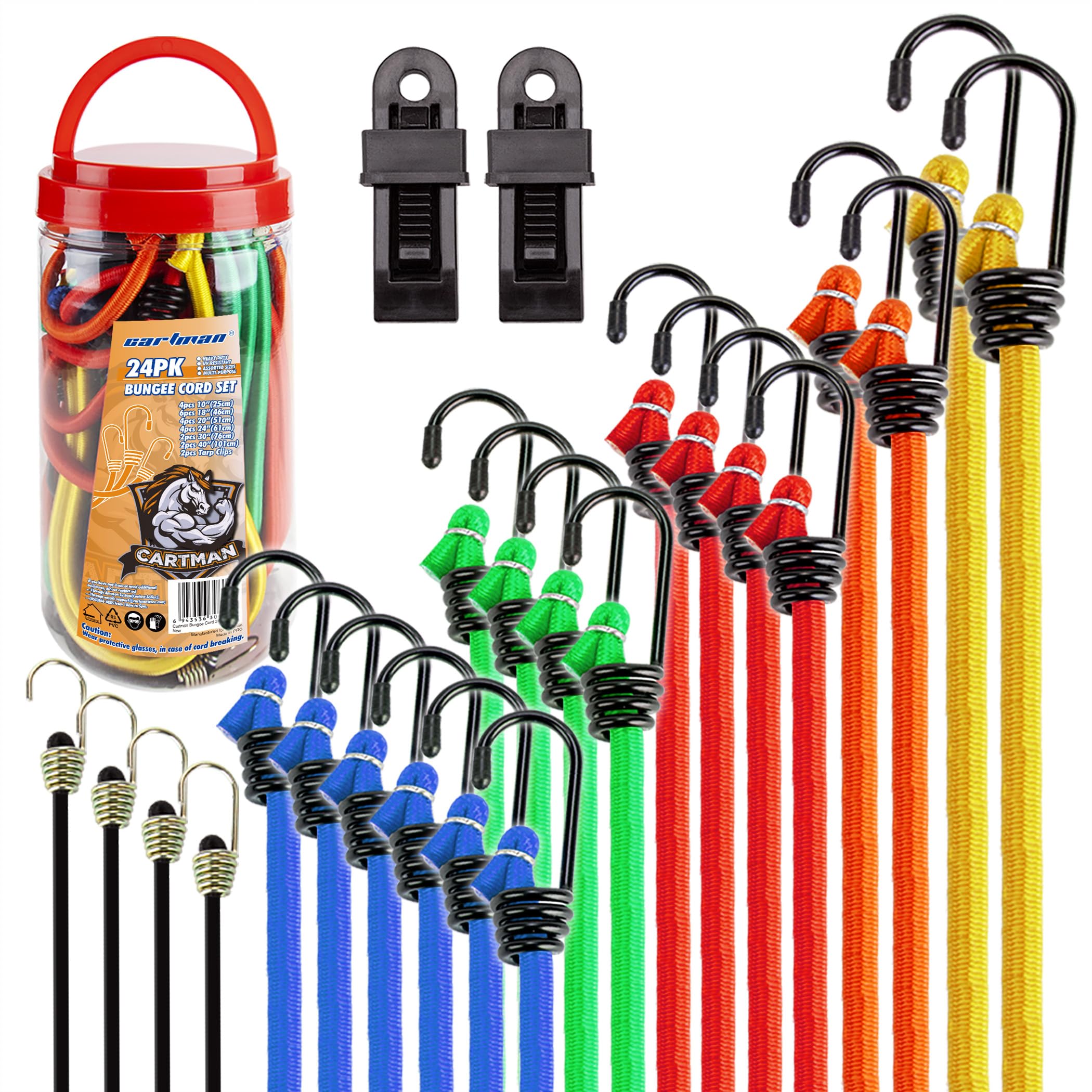 Cartman 22pcs Bungee Cord Assortment with Metal Hook in Jar