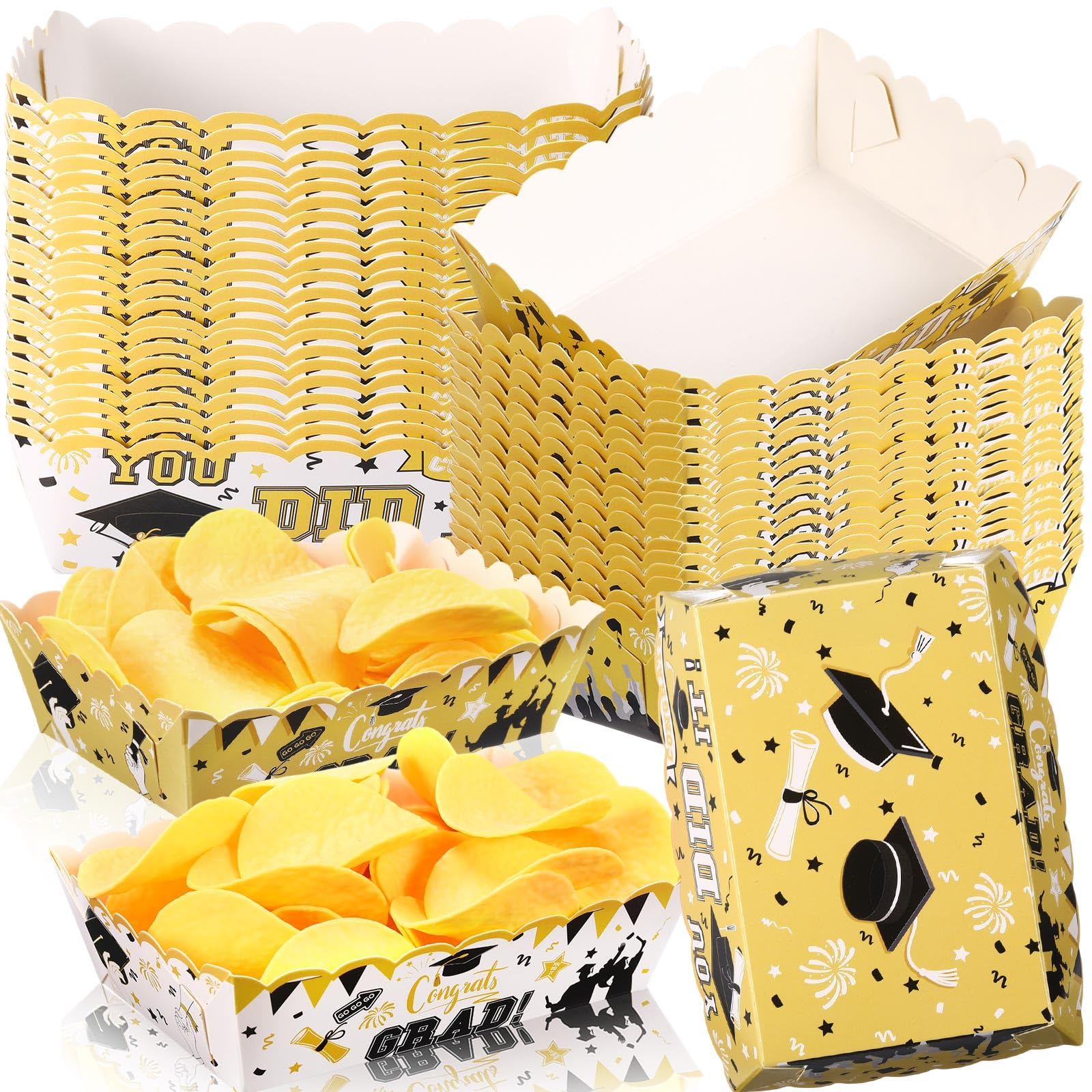 Blushtier 60 Pcs 2026 Gold Graduation Paper Food Trays Congrats Grad Disposable Plates Food Holder Nacho Hot Dogs Popcorn Snacks Serving Boats for