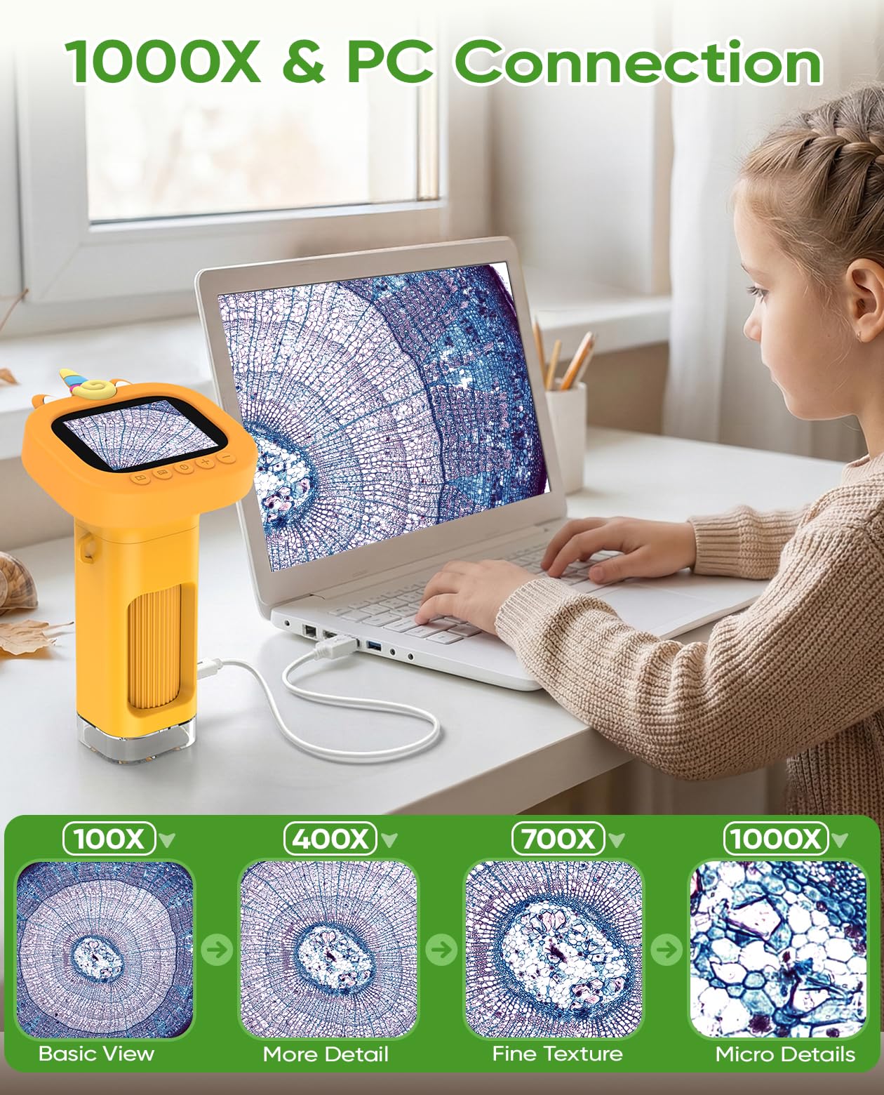 1000X Numérique Microscope Enfant Portable: Microscope de Poche with 2.4" IPS Ecran - Jouets STEM Cadeaux d'anniversaire pour Filles Garçons Enfants - Kits Scientifiques éducatifs de 6 à 10 Ans