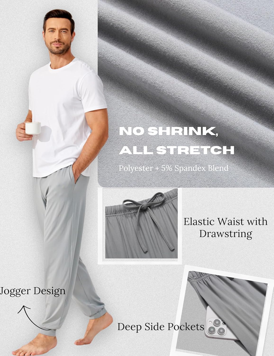 Ekouaer Men's Pajama Pants, Lightweight Loungewear, Comfy Jogger Sleep Pant Long Pj Bottoms with Drawstring & Pockets - Image 6