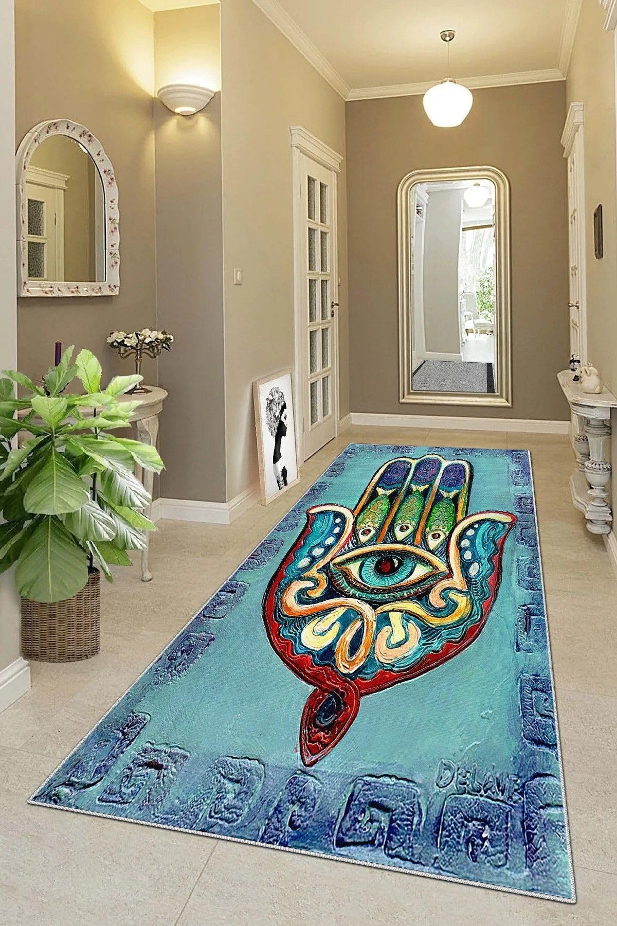 Pelangi Fatma Ana Eli Desenli Dijital Baskı Yıkanabilir Kaymaz Taban Modern Salon Halısı, Mavi 100 x 600, 95544291006007