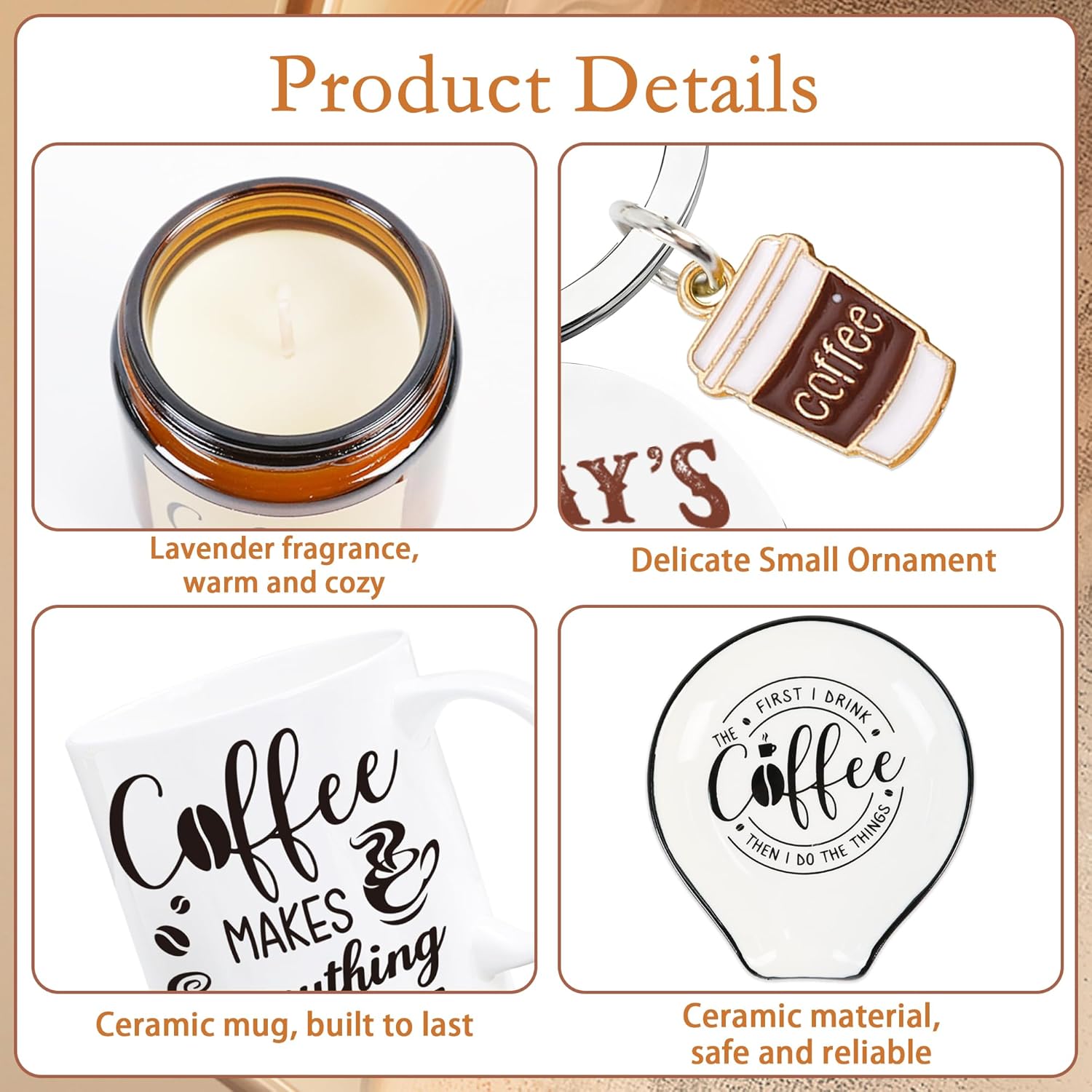 Coffe Gifts for Women, 6 Pcs Coffee Gift Basket, Includes Mug, Candle, Ceramic Coaster, Spoon, Keychain & Sock, Christmas Mother's Day Birthday Present for Coffee Lover