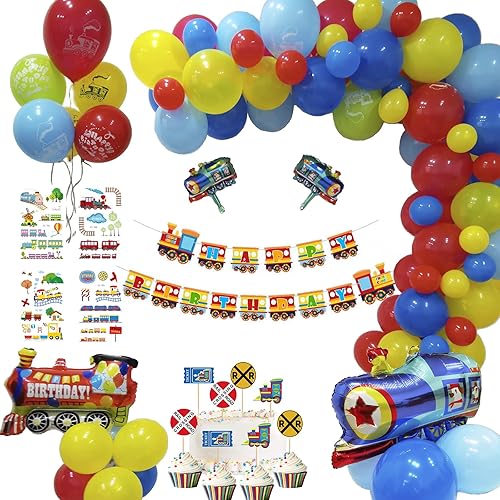 Juego de suministros para fiesta de cumpleaños de tren decoraciones de fiesta de tren con guirnalda de globos de ferrocarril pancarta de cumpleaños