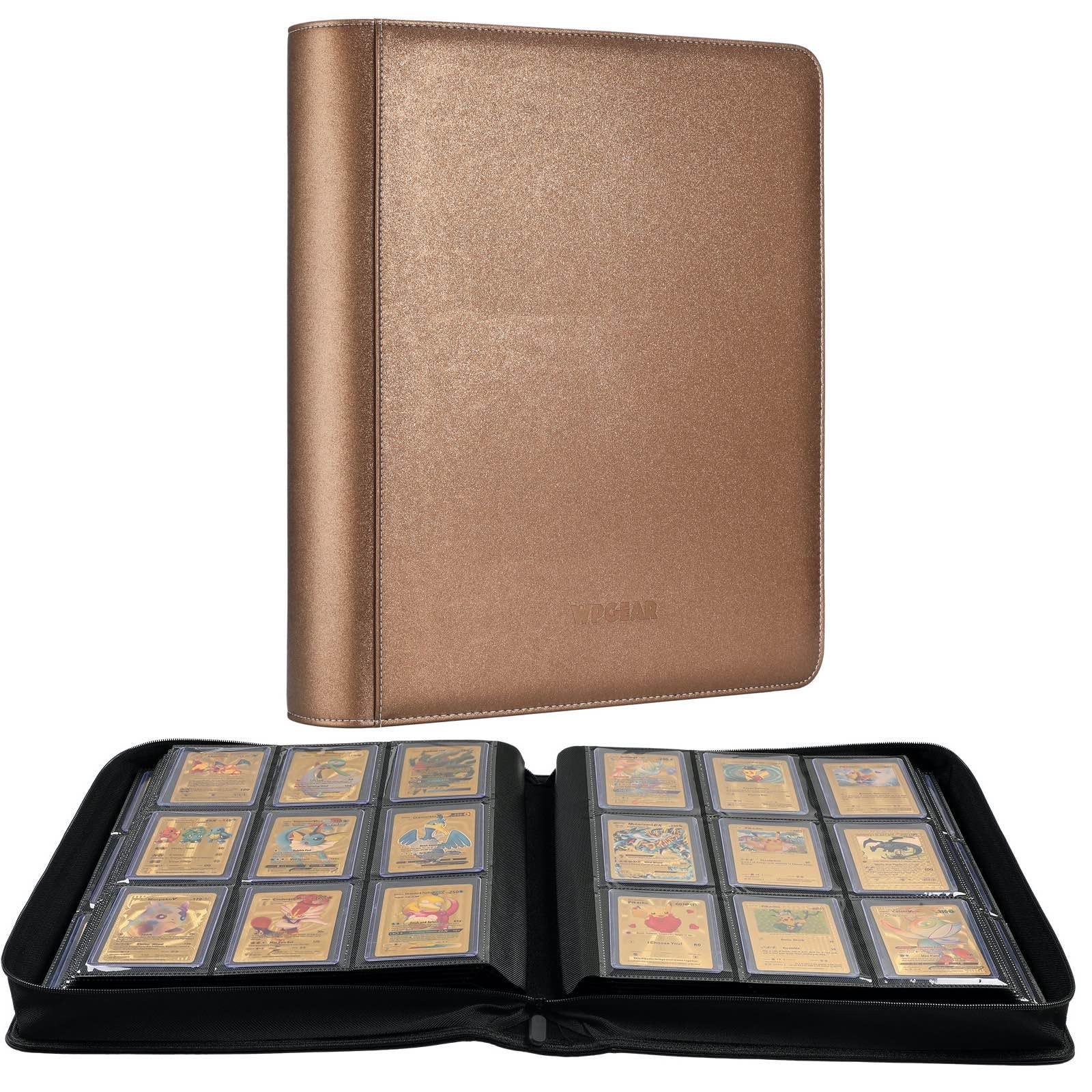 9-Pocket Toploader Binder, Holds 360 3"x 4" 35PT Rigid Card Holders, Protective and Display Zippered Album with 20 Double Sided Pages for Trading Card and Sport Card - Brown
