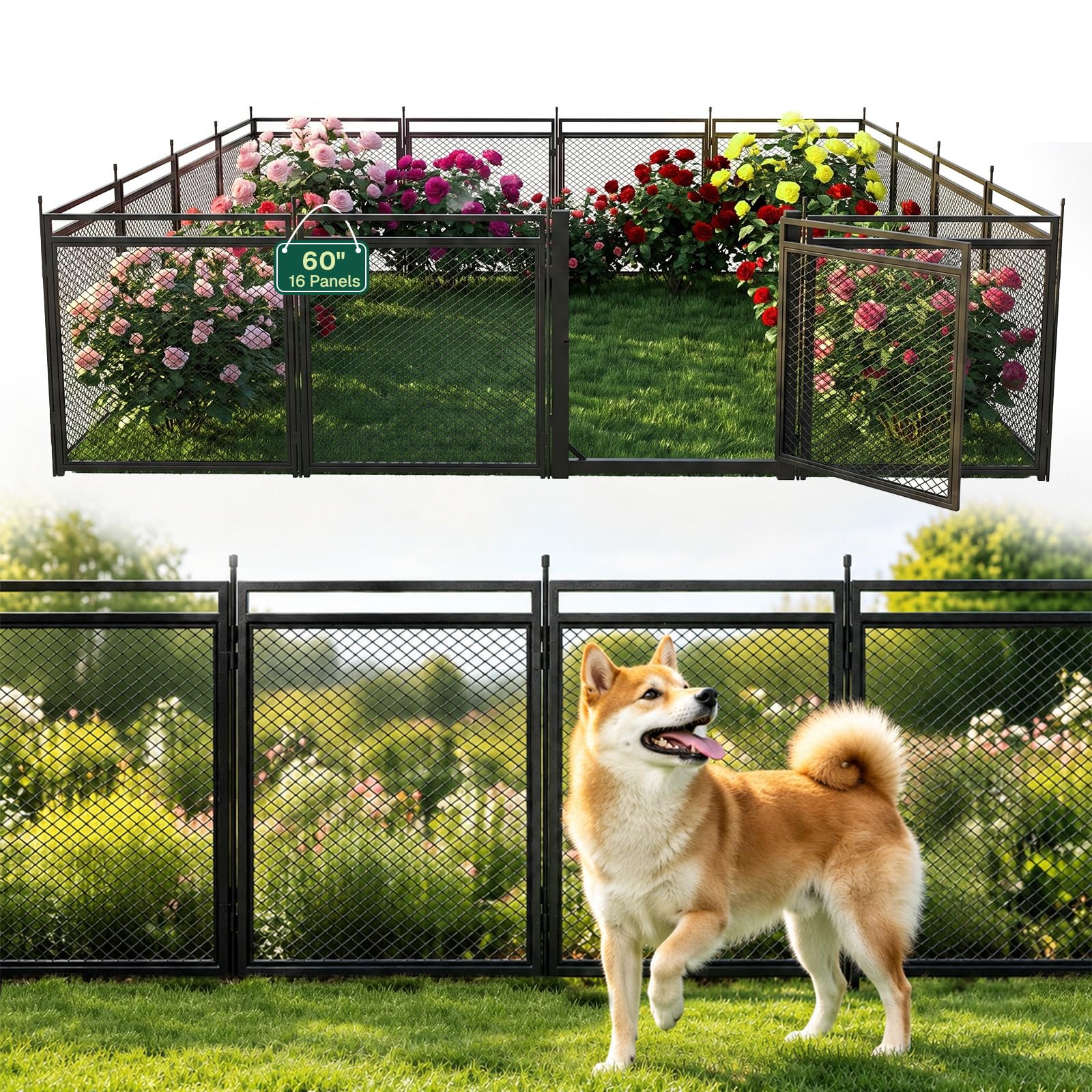 Garden Fence Animal Barrier, 24inch 16 Panels Rustproof Metal Fence Panels for Yard, Gapless Mesh Decorative Garden Fencing Border, Temporary Dog Fence Outdoor for Yard, Patio Flower Bed Edging