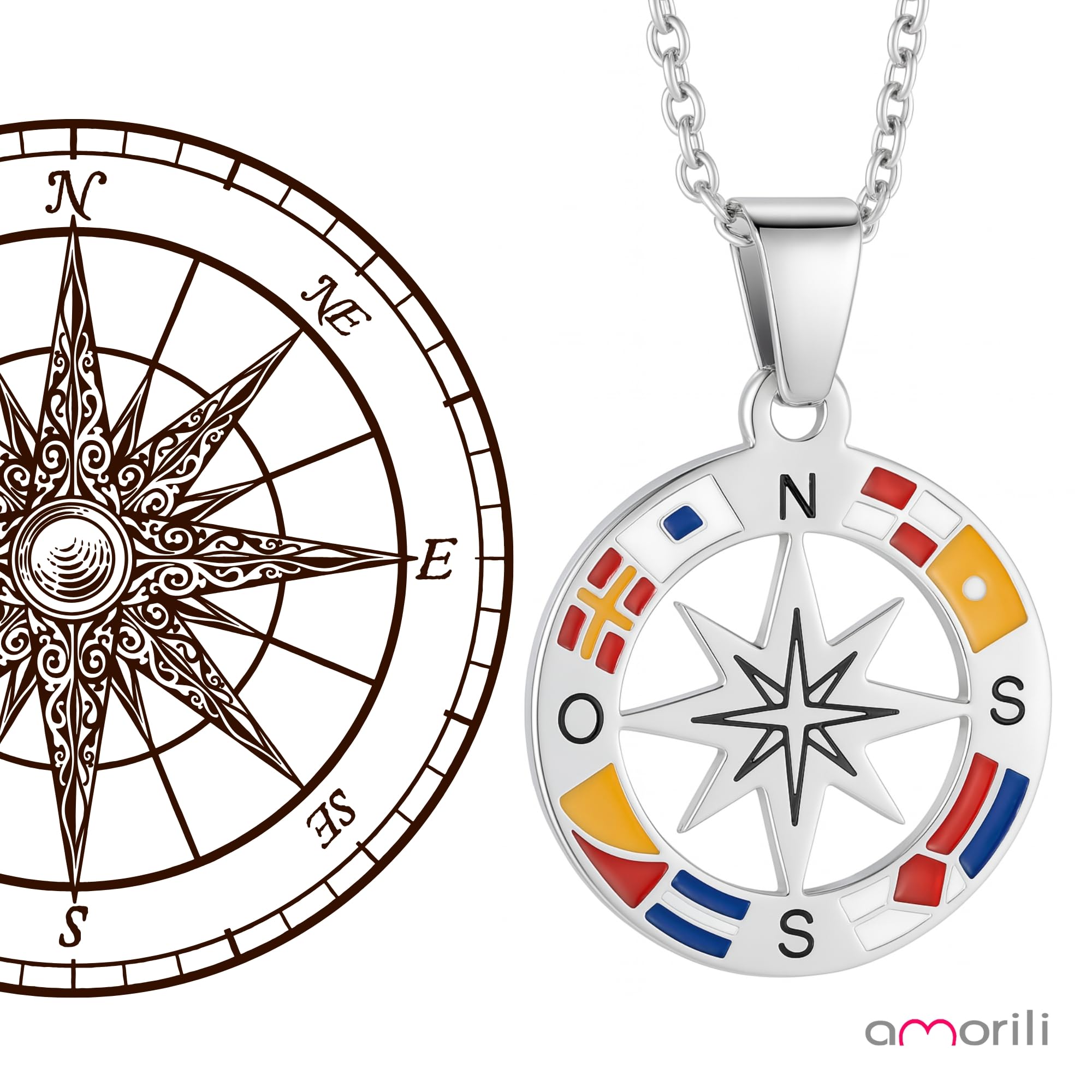 Collana Uomo Rosa dei Venti in Acciaio Inossidabile | Pendente Bussola Nautica | Catena Regolabile Fino a 50 cm | Gioiello Regalo Elegante Stile Marina Militare (f)