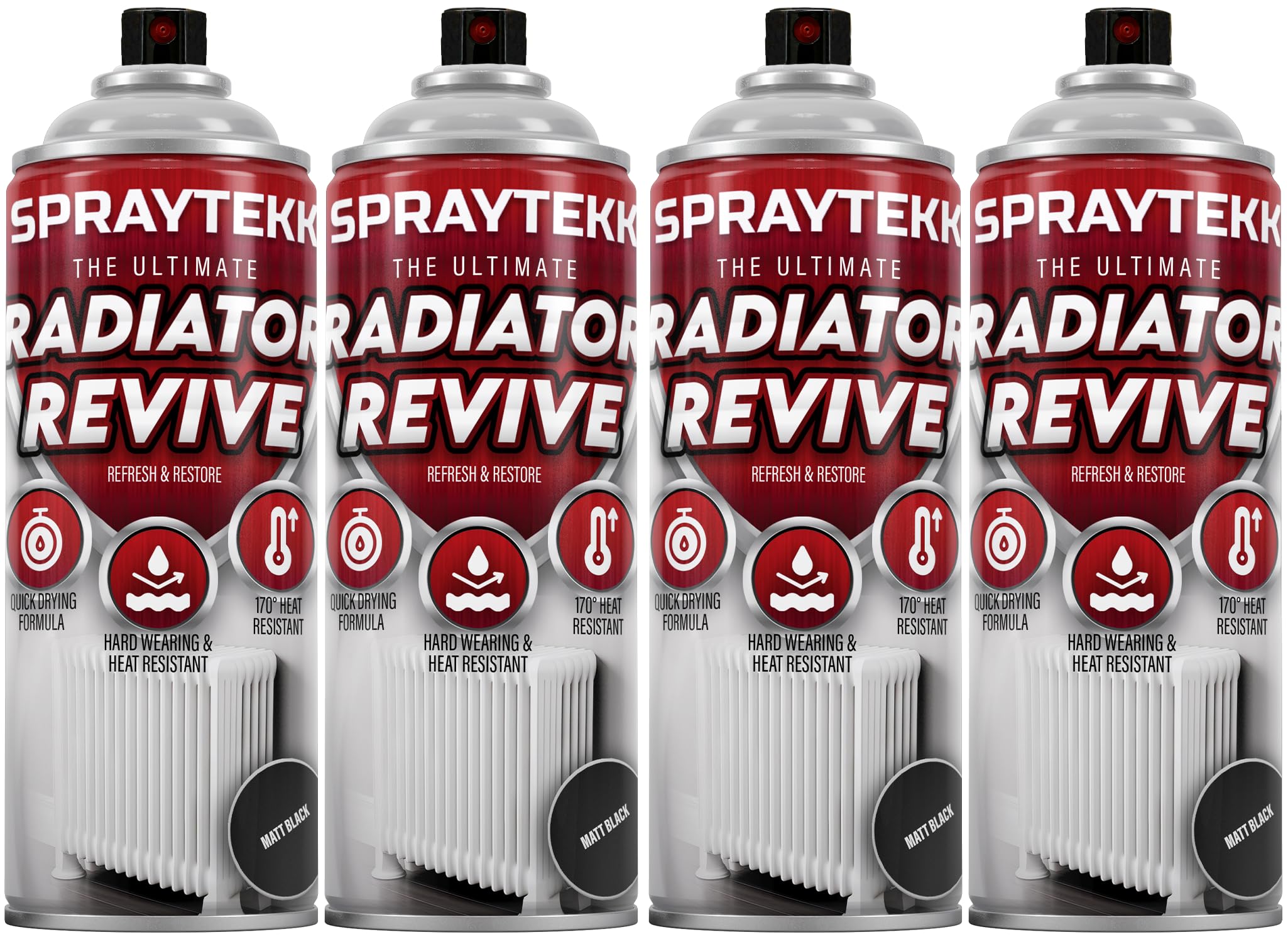 SPRAYTEKK Radiator Spray Paint | Heat Resistant up to 170°C | All-in-One Primer, Undercoat & Topcoat | Fast Drying, Anti-Rust | For Radiators, Pipes, Boilers & Hot Water Tanks (Matte Black, 4)
