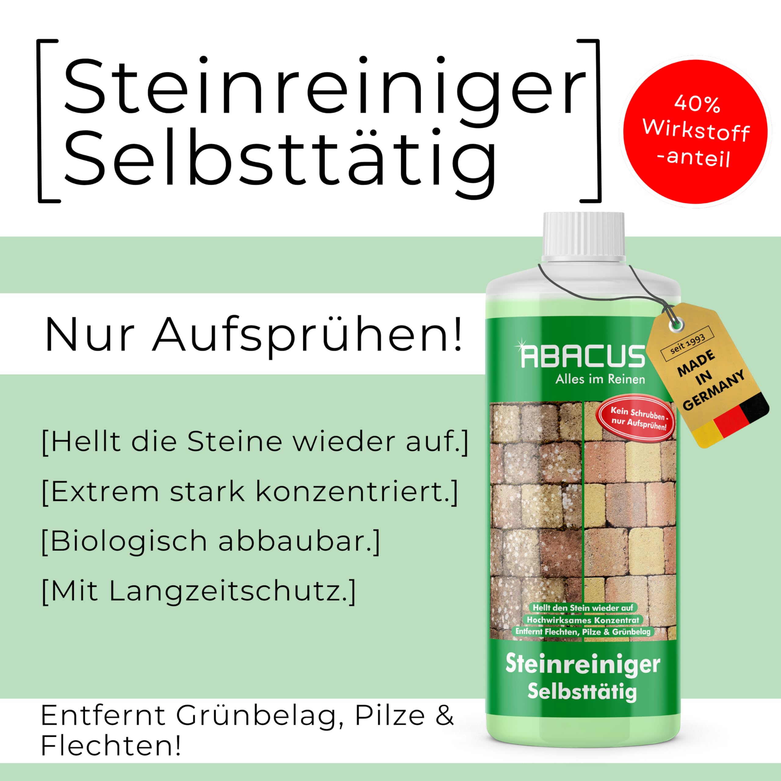 ABACUS® Steinreiniger, selbsttätiger Algenentferner & Flechtenentferner für Stein & Pflaster, 40% Wirkstoff, gegen Flechten & Algen auf Pflastersteinen & Steinplatten – Steinreiniger 1000 ml (2630)