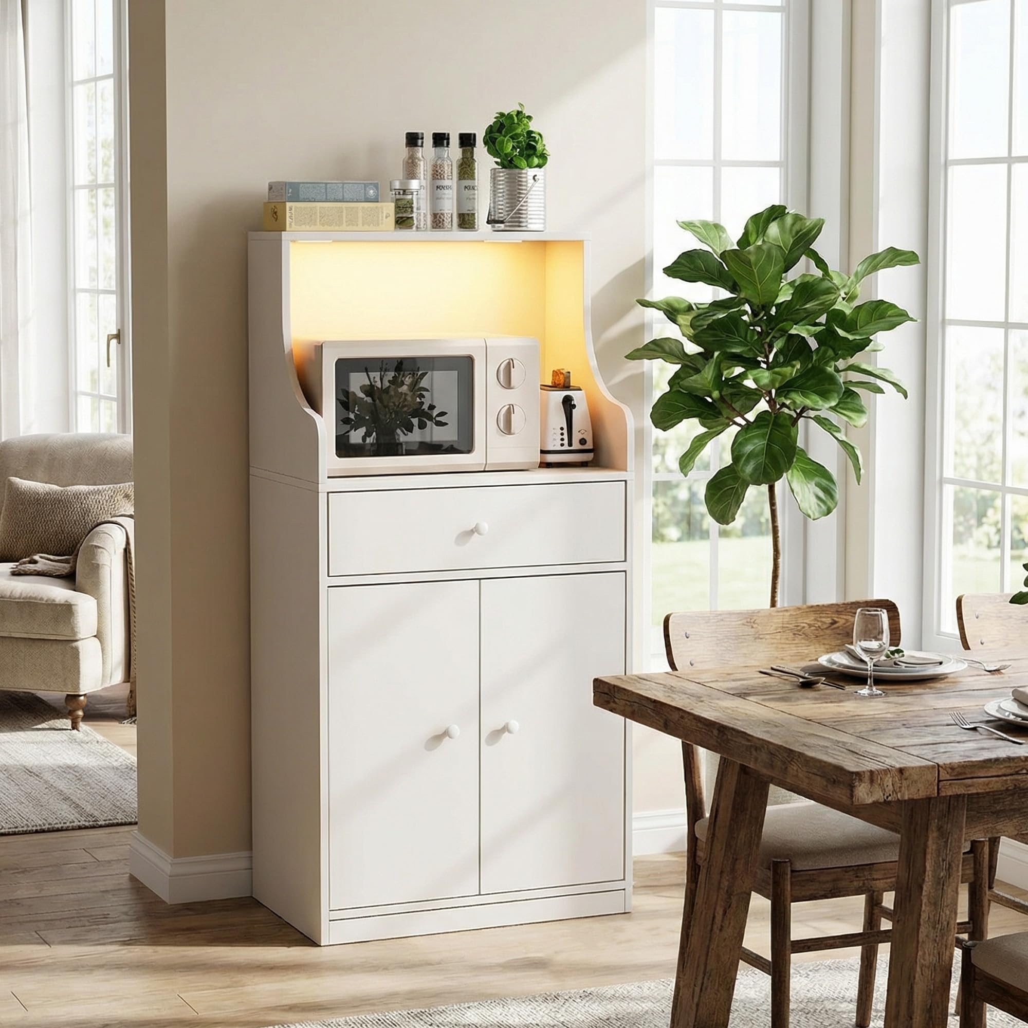 Küchen Möbel Küchenschrank Buffetschrank mit Steckdose und LED-Lichtleiste Küche Sideboard mit 1 Schubladen 1 Großer Schrank und Mikrowellenregal 60x 40x123 cm Anrichte für Esszimmer, Wohnzimmer Weiß