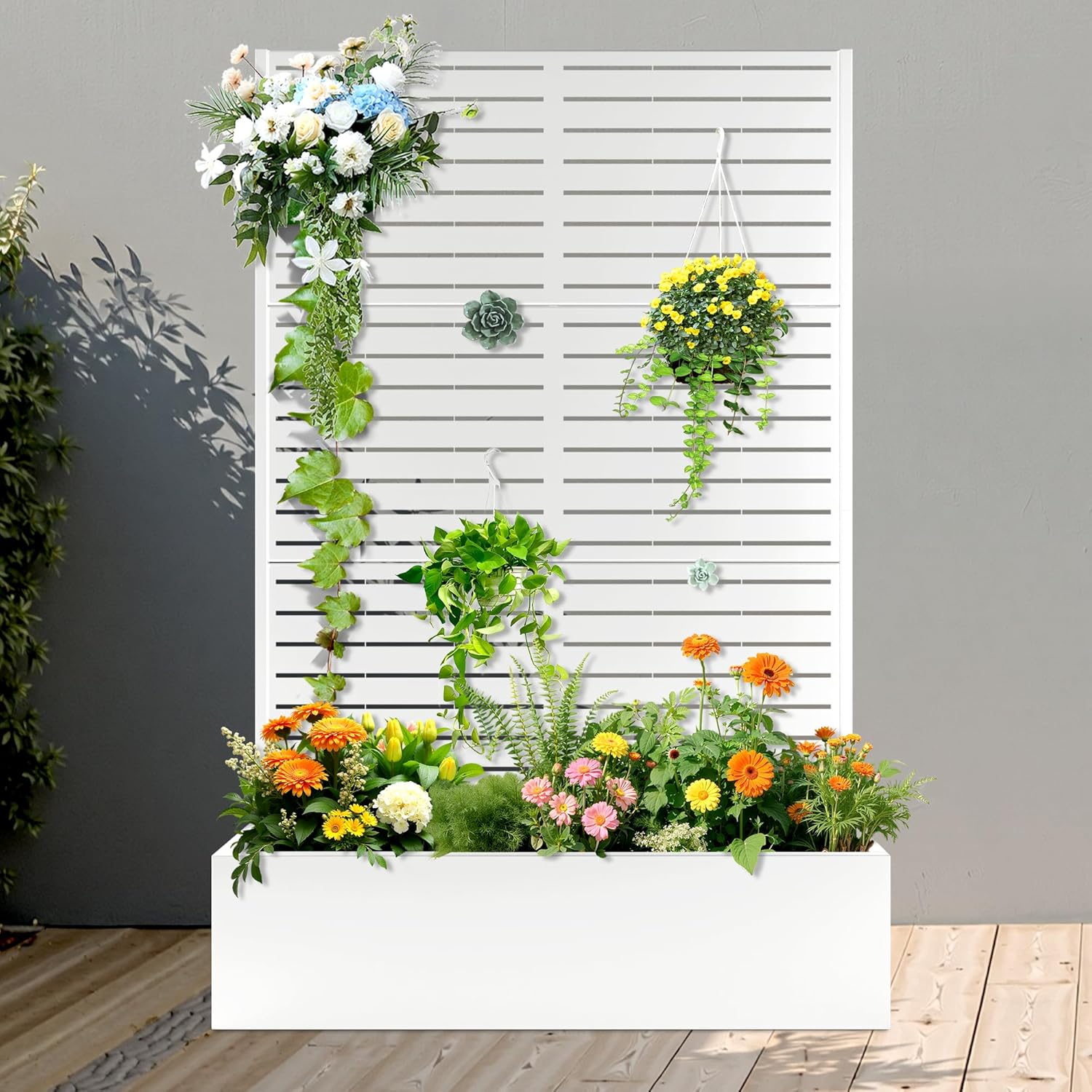 FENCY Metal Raised Garden Bed with Trellis, Metal Planter Box with Trellis, Garden Box for Climbing Plants Vegetable, 47" Lx16 Wx71 H Garden Bed with Drainage Holes(White-Louvered) White-louvered 71"x47"