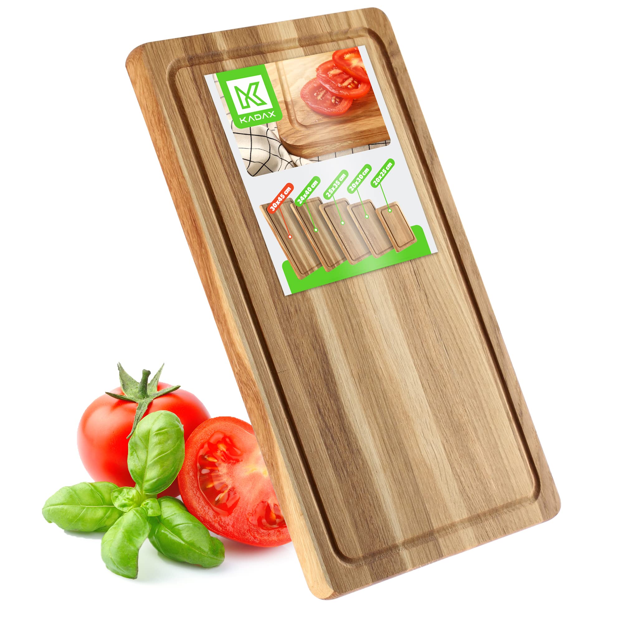 KADAX Oak Rectangular Chopping Board, 5 Different Sizes, Wooden Board with Juice Groove, Cheese Serving Board, Breakfast Board (30 x 45 cm)