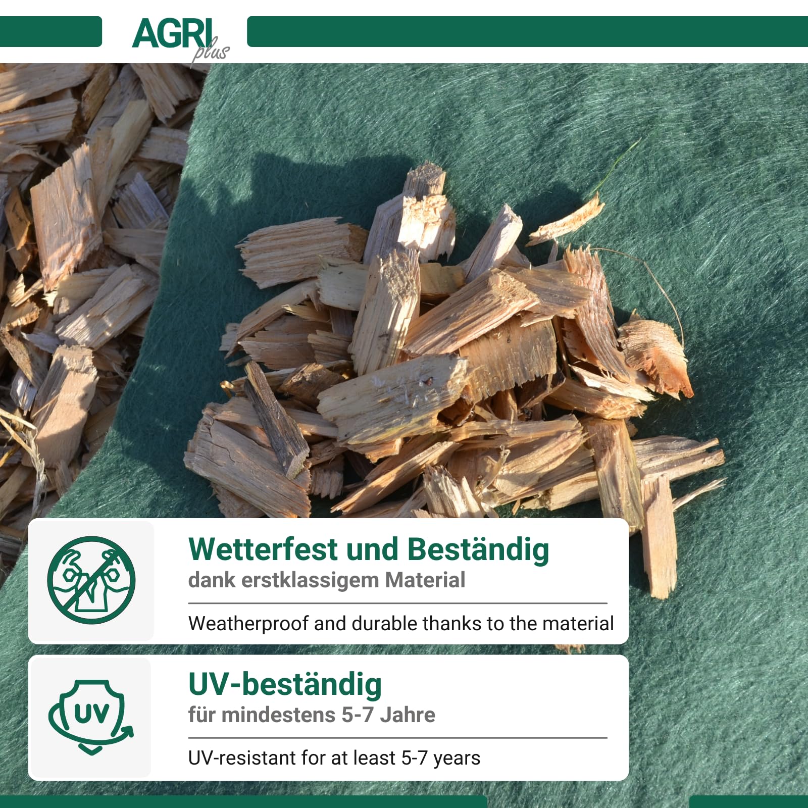 AGRI plus Hackschnitzelvlies I 4 x 6 m I Verschiedene Maße I Reißfestes 200 g/m² Abdeckvlies für Hackschnitzel I Vlies für langfristigen Schutz I Hackschnitzel-Abdeckung wetterfest & UV-beständig