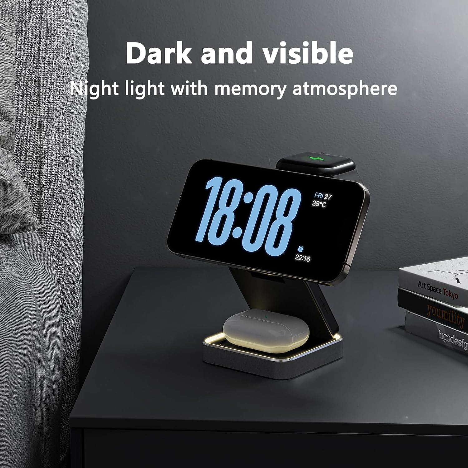 3 in 1 Wireless Charger for iPhone 17 16 15 14 13 12 11 Pro Max Foldable Wireless Charging Station with Night Light for MagSafe Travel Magnetic Charger Stand Fast Charging for AirPods Apple Watch B