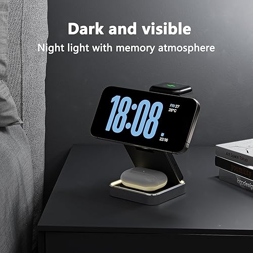 Miniatura 7 de Cargador inalámbrico 3 en 1 para iPhone y Apple Watch, estación de carga inalámbrica plegable con luz nocturna para cargador magnético de viaje