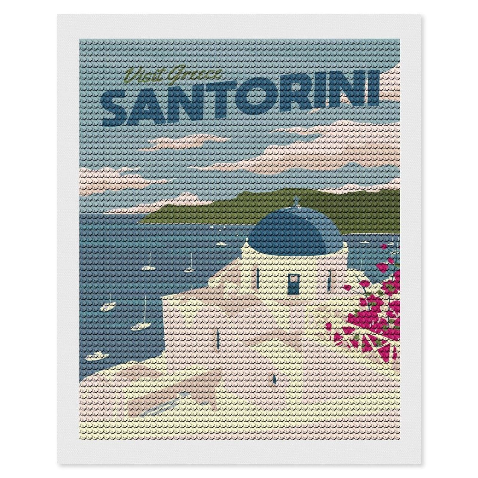 Junmoney Santorini Diamond Art Canvas 16"x20", for Adults, Printed Canvas, Home Wall Decor, Gift Idea, Mindful Craft Activity