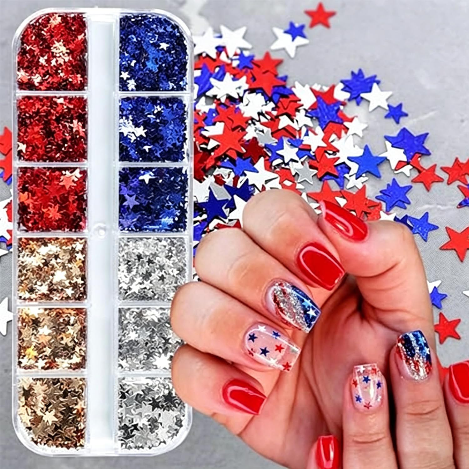 12 Grids Star Nail Art Sequins Holographic Star Nail Glitter Flakes 4th of July Red Blue Silver Gold Stars Nail Confetti Independence Day Nail Sequins for Acrylic Nails Resin DIY Crafts Decorations