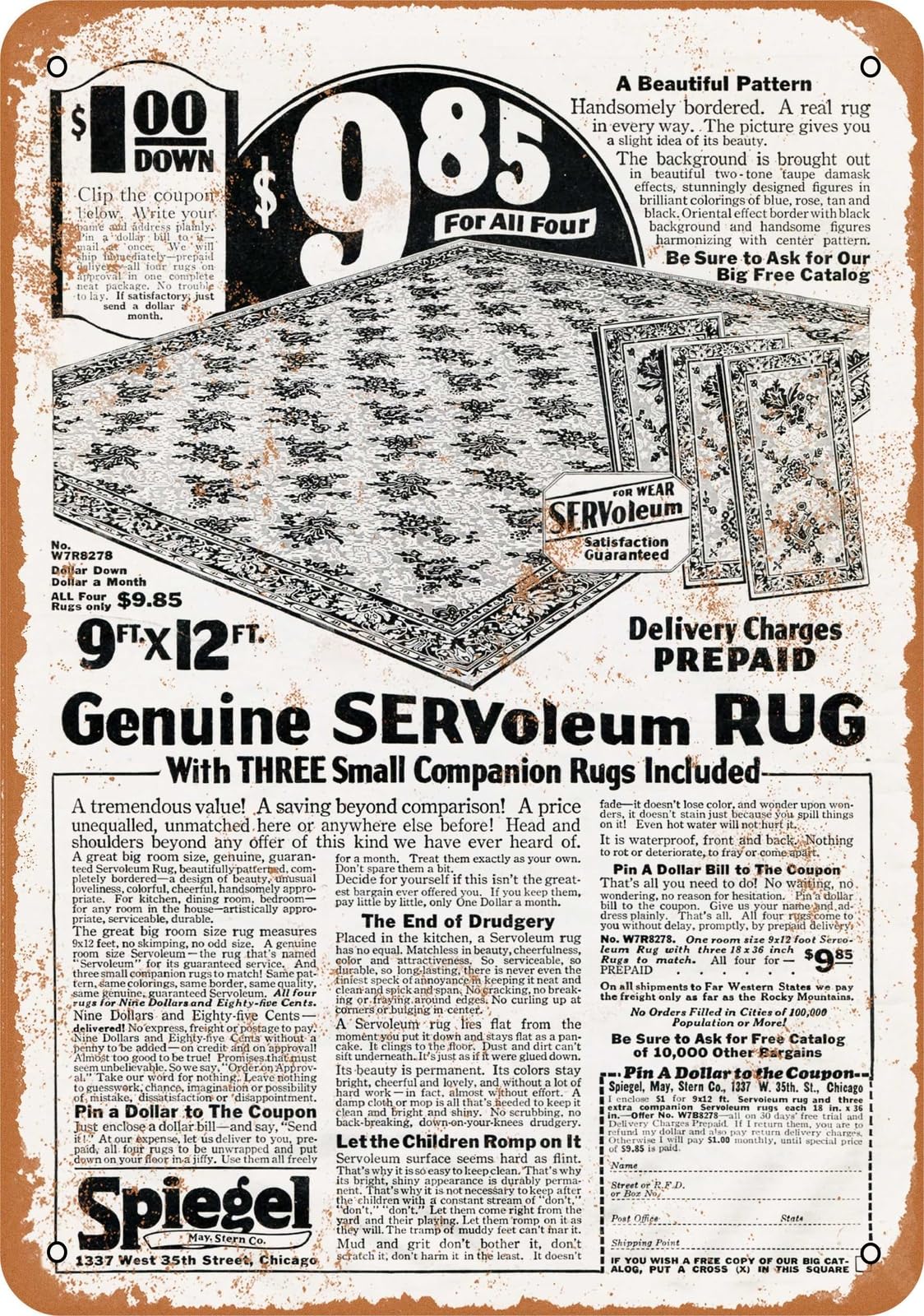 Miaomansenstore Metal Sign - 1930 Servoleum Rugs From Spiegel - Vintage Look Home Decor