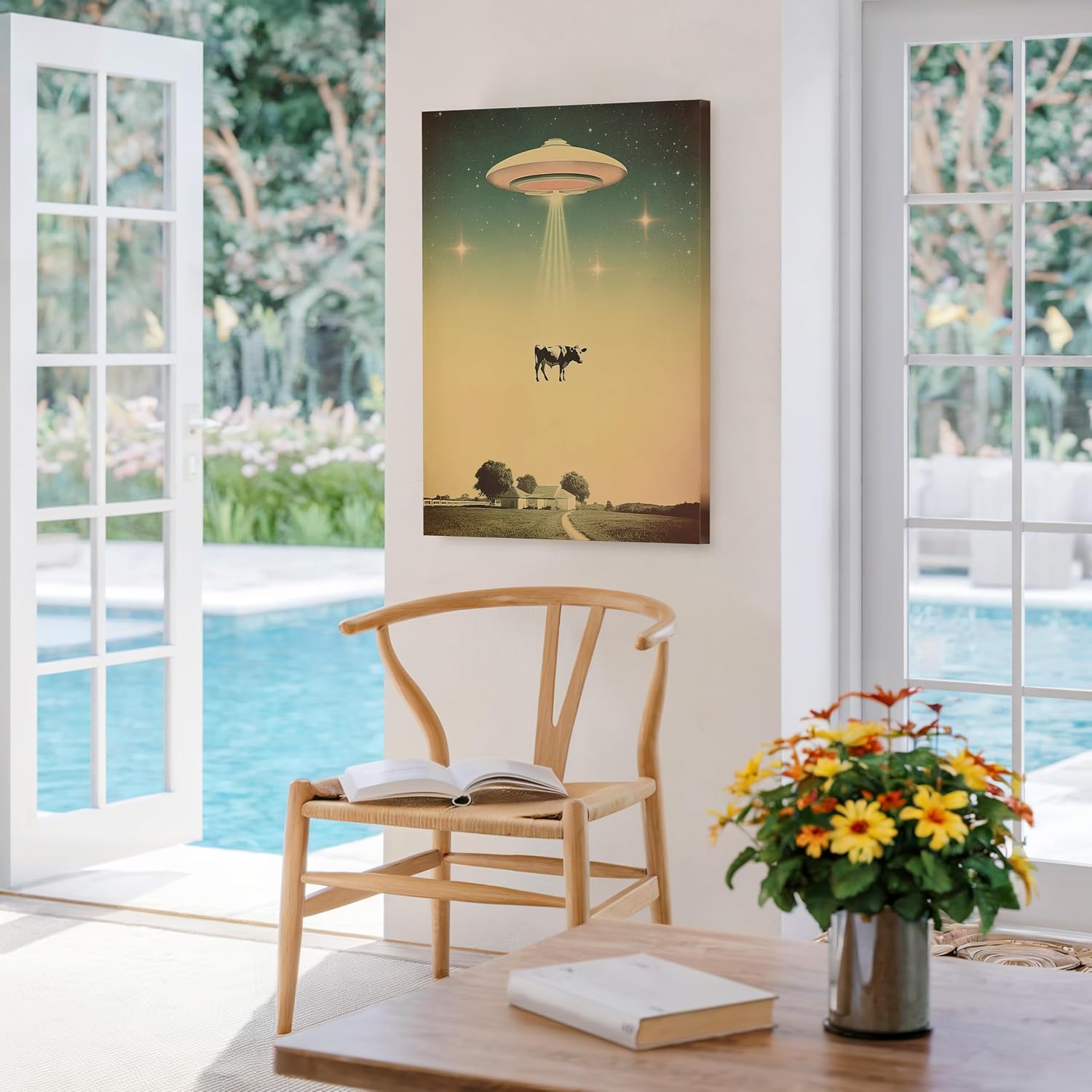 Poster Master UFO Canvas - Cow Abduction Print - Extraterrestrial Art - Gift for Men & Women - Avant Garde Decor for Dorm, Living Room or Bedroom - 8x10 STRETCHED Canvas