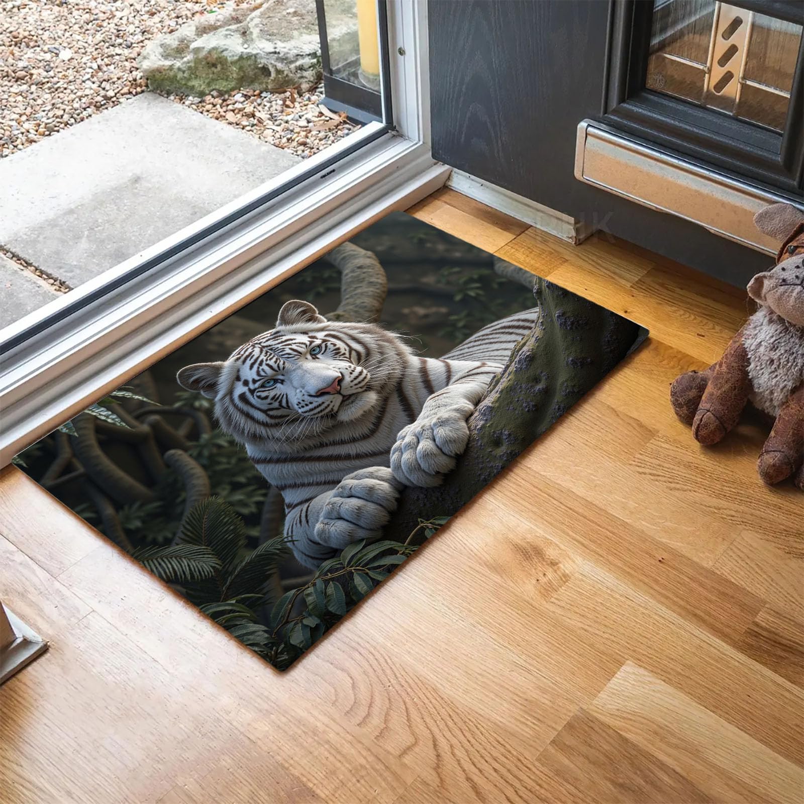 Tapis salon lavable antidérapant tigre blanc 80x120 cm poils courts