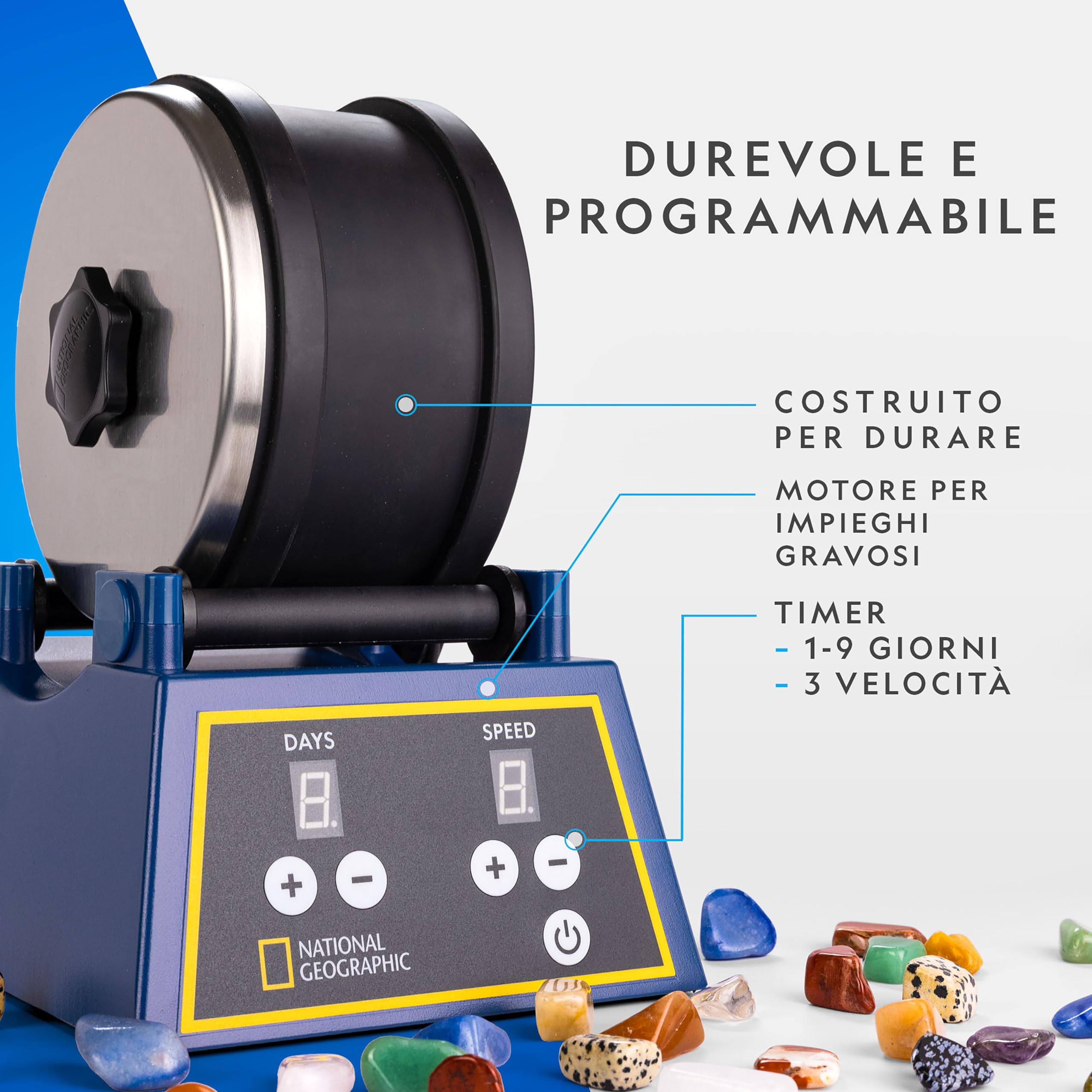 NATIONAL GEOGRAPHIC Kit di Tumbler per Pietre – Tamburo da 1,36 kg con Motore a 3 Velocità e Timer da 9 Giorni, Pietre Grezze, Abrasivi, GemFoam, Kit Educativo per Adulti e Bambini