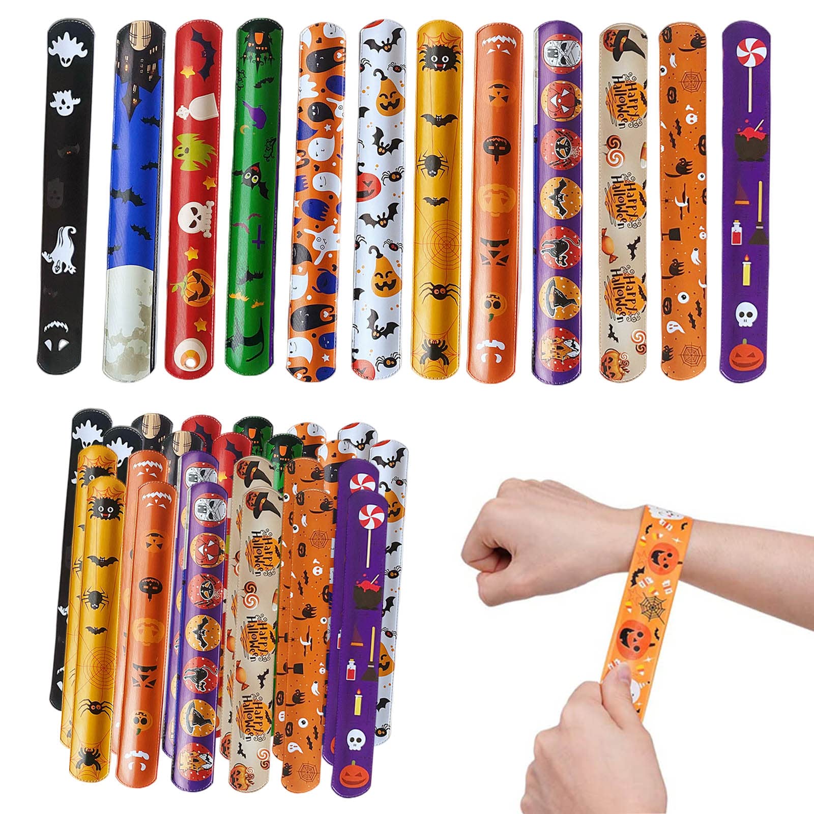36pcs Kids Snap Bands Slap Bands Halloween Party Favours for Kids Boys Girls Halloween Party Bag Fillers Toys, Snap Bracelets Slap Wristbands for Halloween Treat Gifts, Goodie Bag Fillers