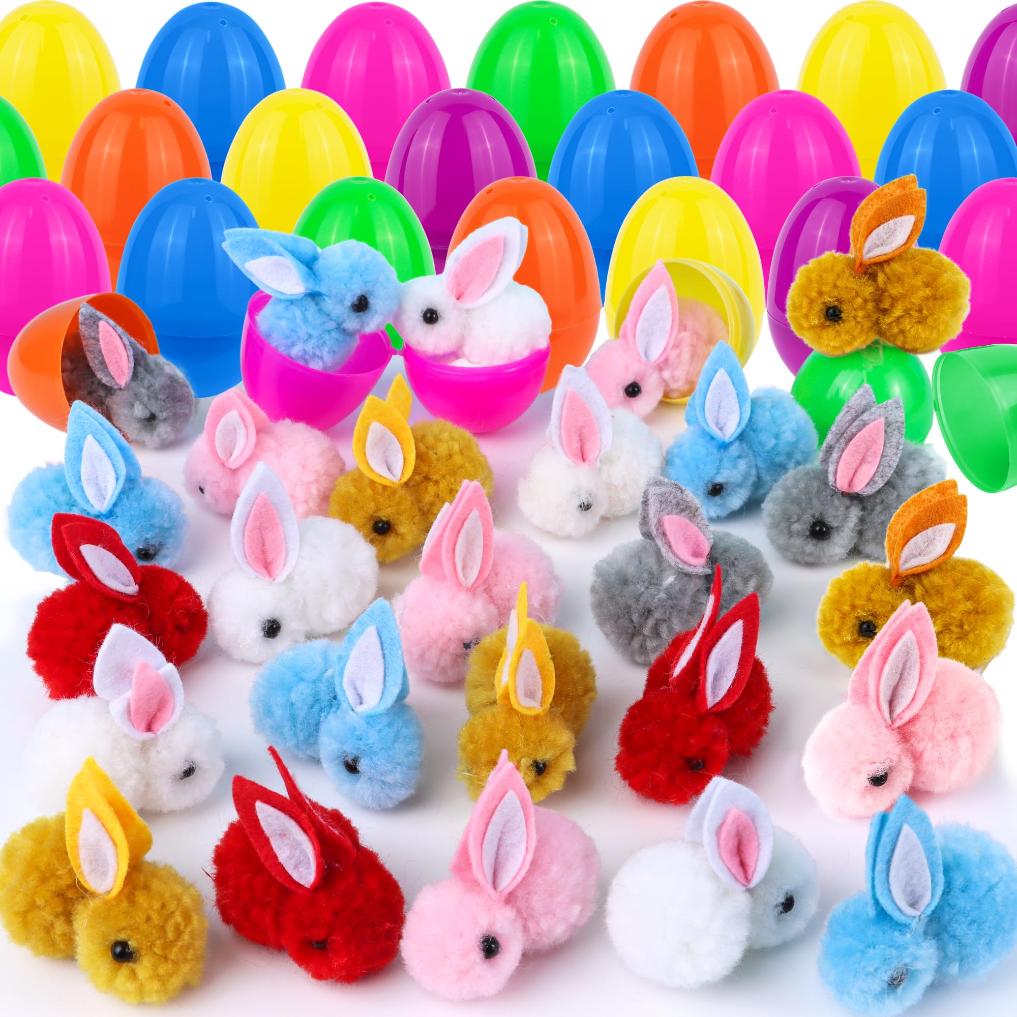 36 Pack Easter Eggs Fillers with Mini Bunny Plush, Easter Basket Stuffers Easter Egg with Toys Inside for Kids, Mini Stuffed Bunny Animals, Easter Hunts Party Favors Surprise Eggs for Boys Girls