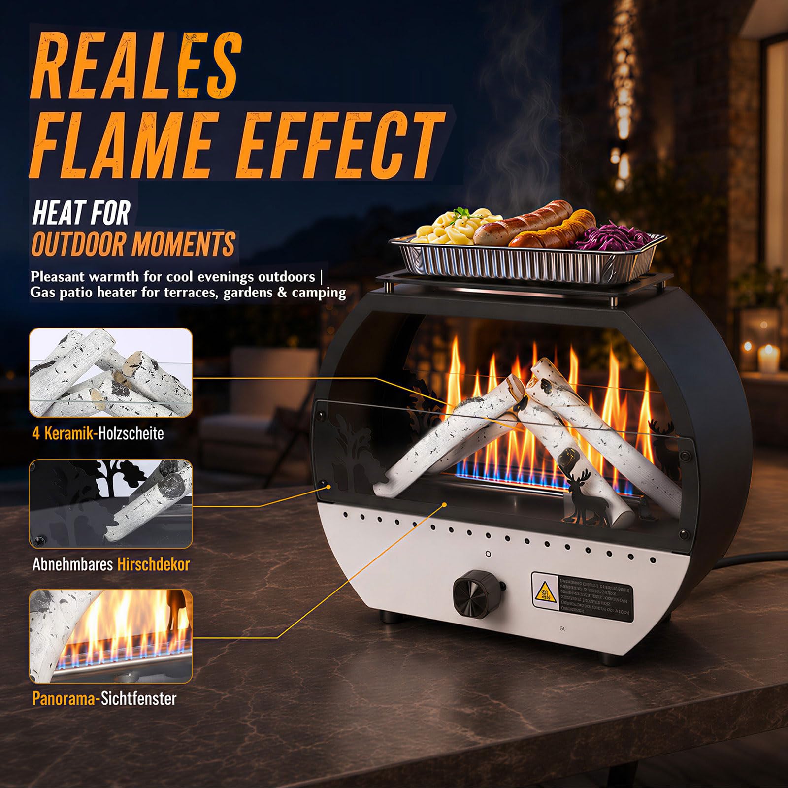 GFTIME Tragbare Gasheizung 10000 BTU, Outdoor Camping Heizer mit dekorativem Flammeneffekt, Gas Feuerstelle mit Grillplatte, Kippschutz & Flammenschutz, für 1 lb und 20 lb Gasflaschen, Schwarz