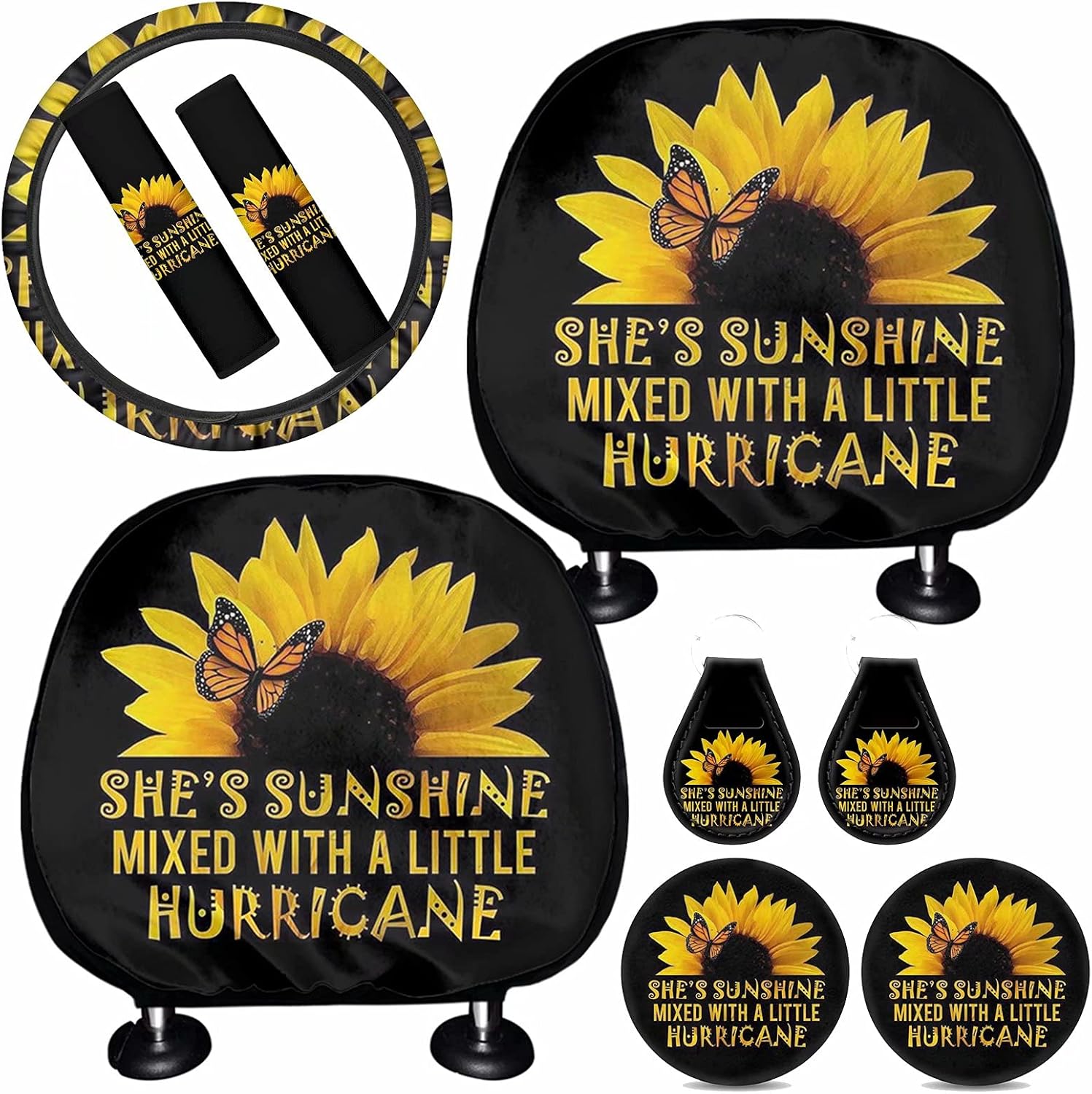 BIGCARJOB She's Sunshine Sunflower Printed Seat Belt Cover,Headrest Cover,Steering Wheel Cover,Key Chain,Cup Coaster Full Set of 9 pcs,Sunflower Printed Car Interior Protective Accessiores