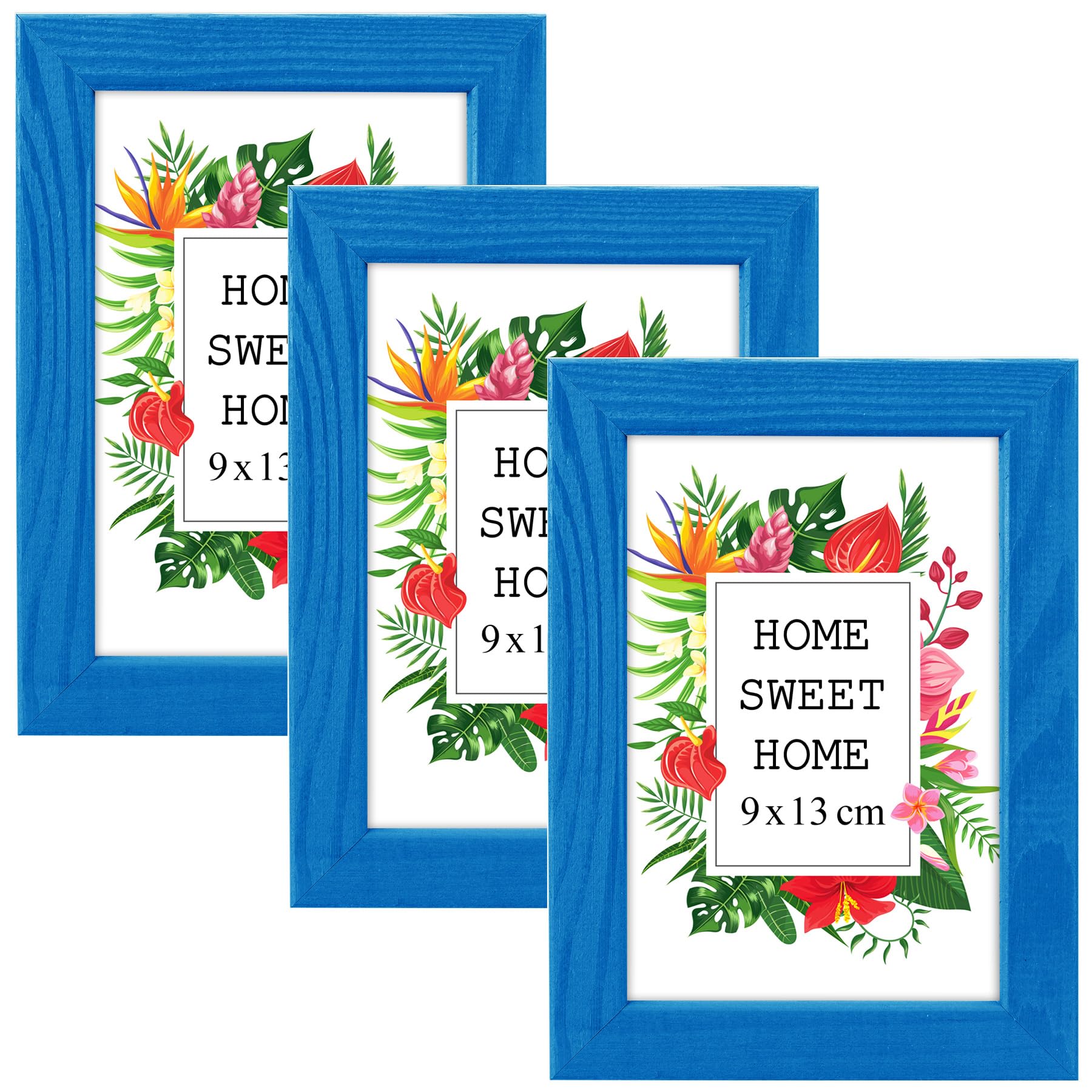 Mg Design Blue Set Of 3 Wooden Picture Frame 3.5X5 Inch (9X13 Cm), Real Wood Frame With Acrylic Glass, Vertical & Horizontal Hanging – For Photos, Posters, Certificates, Puzzles