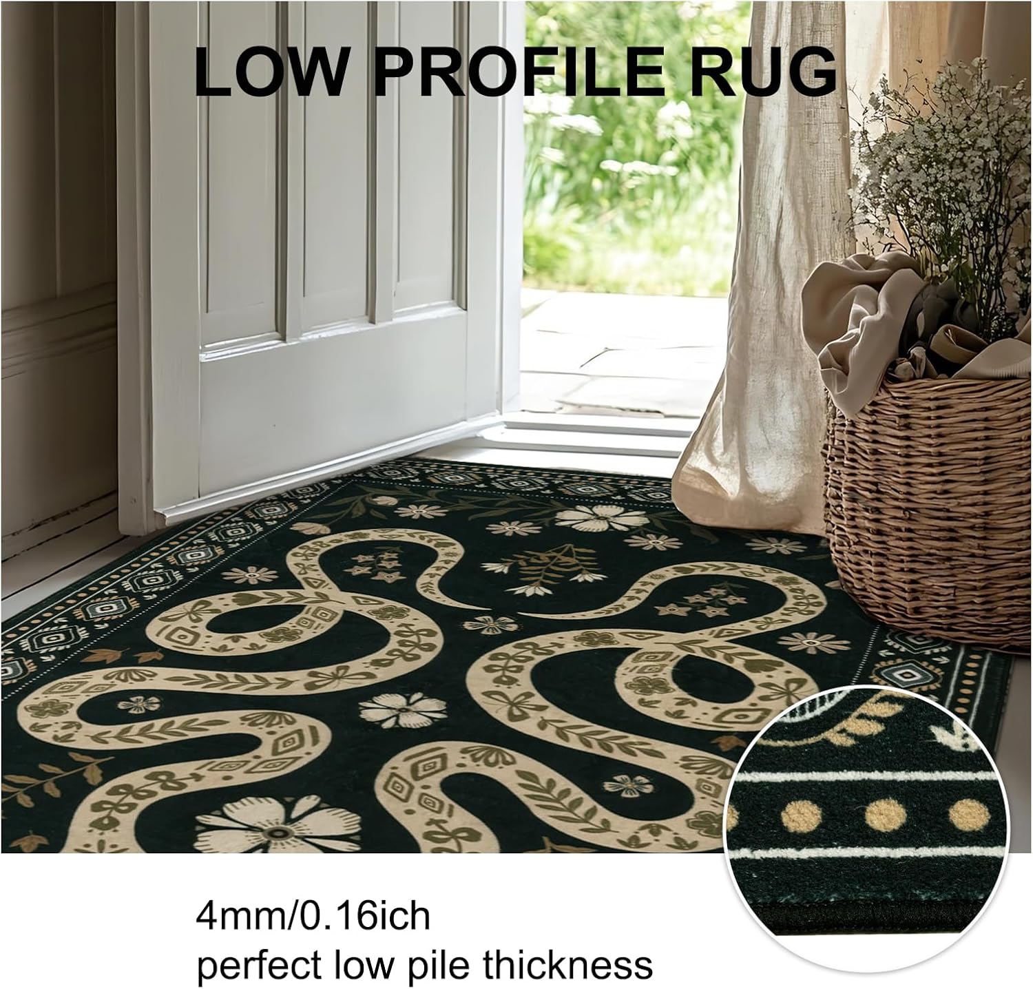 MOSISO 4x6 Area Rug for Living Room, Soft Non-Slip Twin Snakes and Flowers Low Pile Carpet, Faux Wool Rectangular Washable Floor Mat for Home Decor Bedside Bedroom Diningroom, Green
