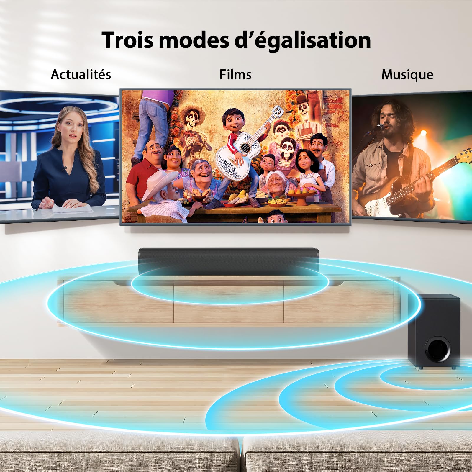 Barre de Son pour TV avec 5.9'' Big Powerful 110W Subwoofer, Enceintes TV aux Deep Bass, Bluetooth 5.3/Arc/Opt/AUX Connectivité, Système de Son Surround pour PC/Gaming/Projectors/Gift, 1Set