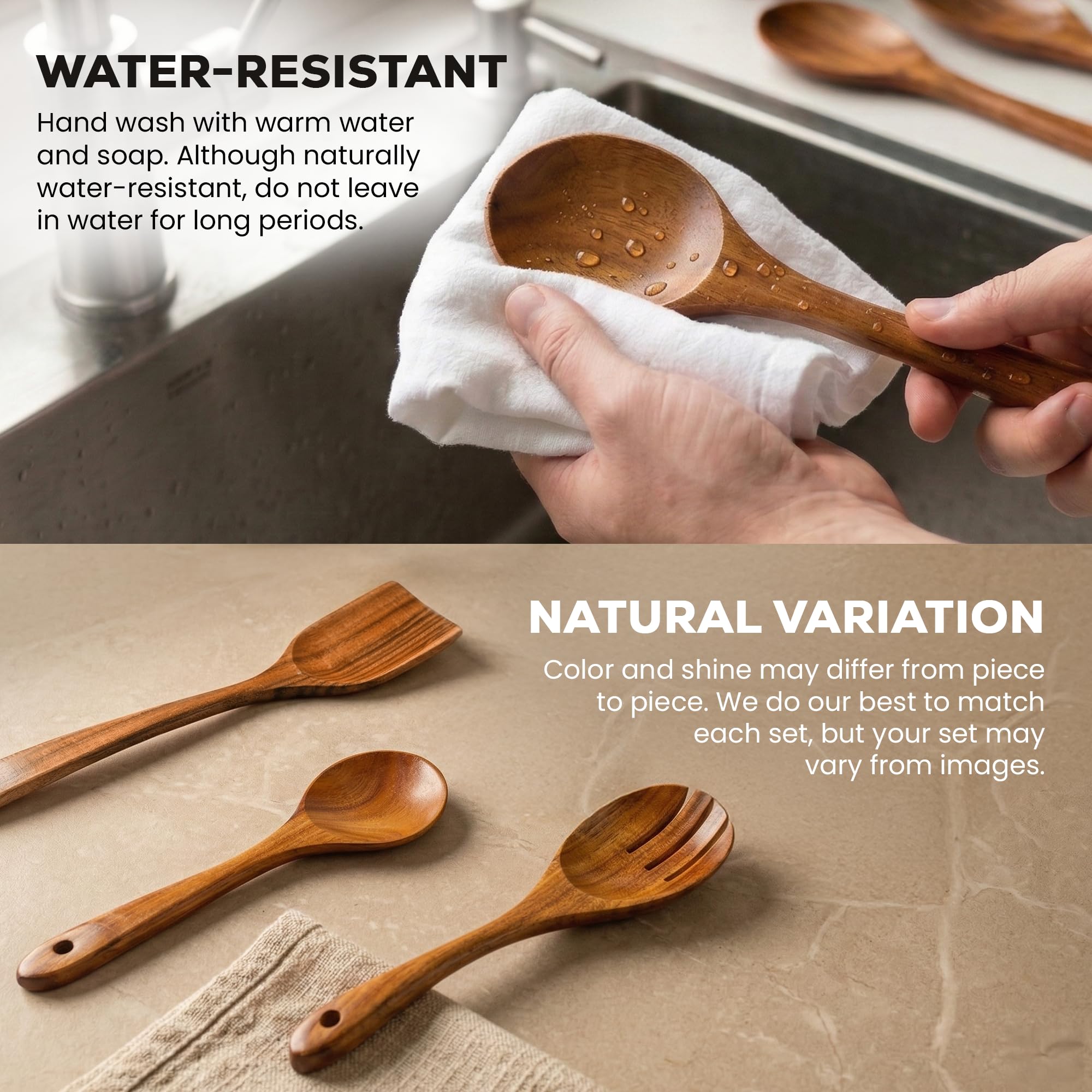 Zulay Kitchen Lot de 6 ustensiles de cuisine en bois extra-larges - Ustensiles de cuisson en teck lisse - Manche antidérapant non collant, spatule, écumoire, fourchette, cuillère de service