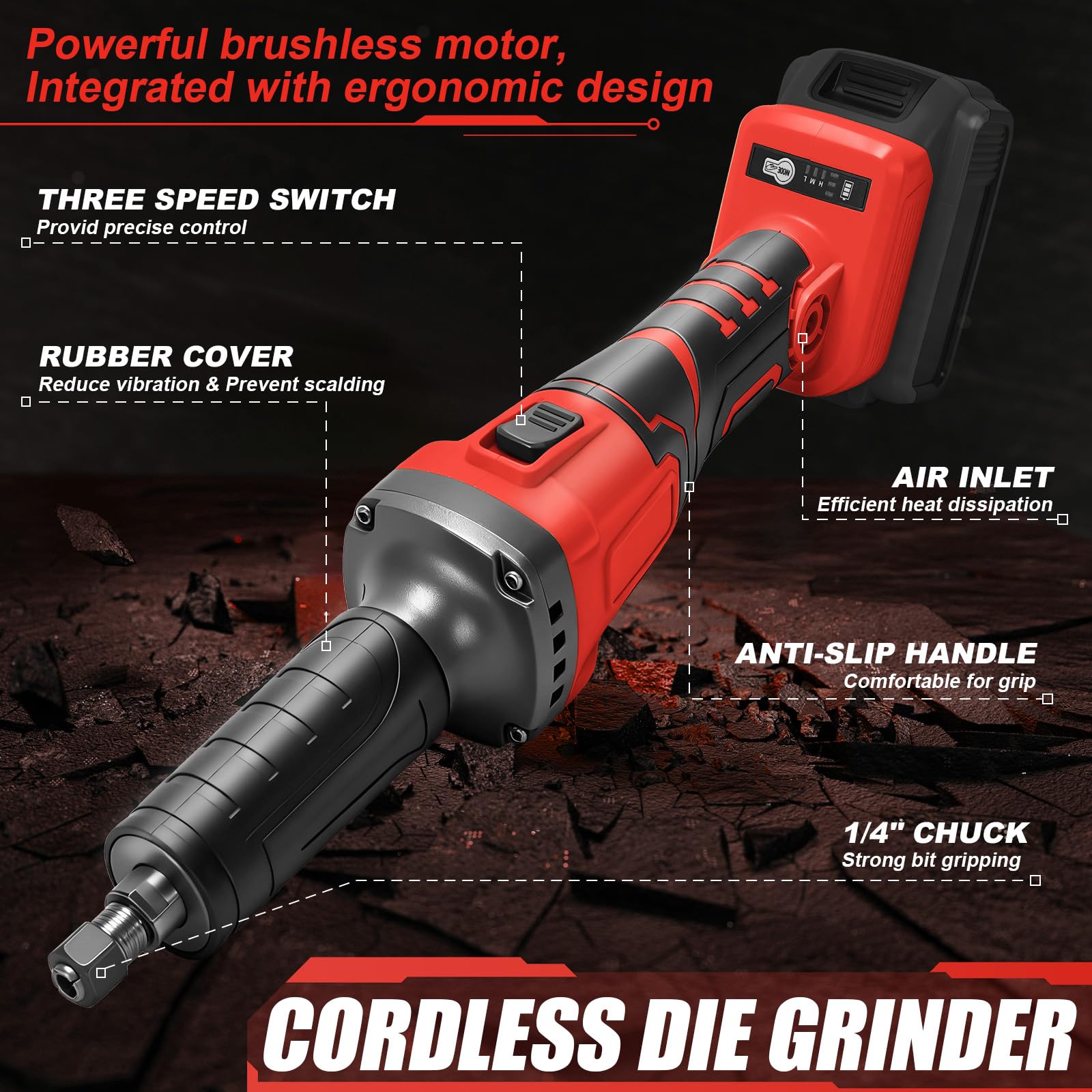 Amoladora recta inalámbrica de 25000 rpm, portabrocas sin escobillas de 6,35 mm